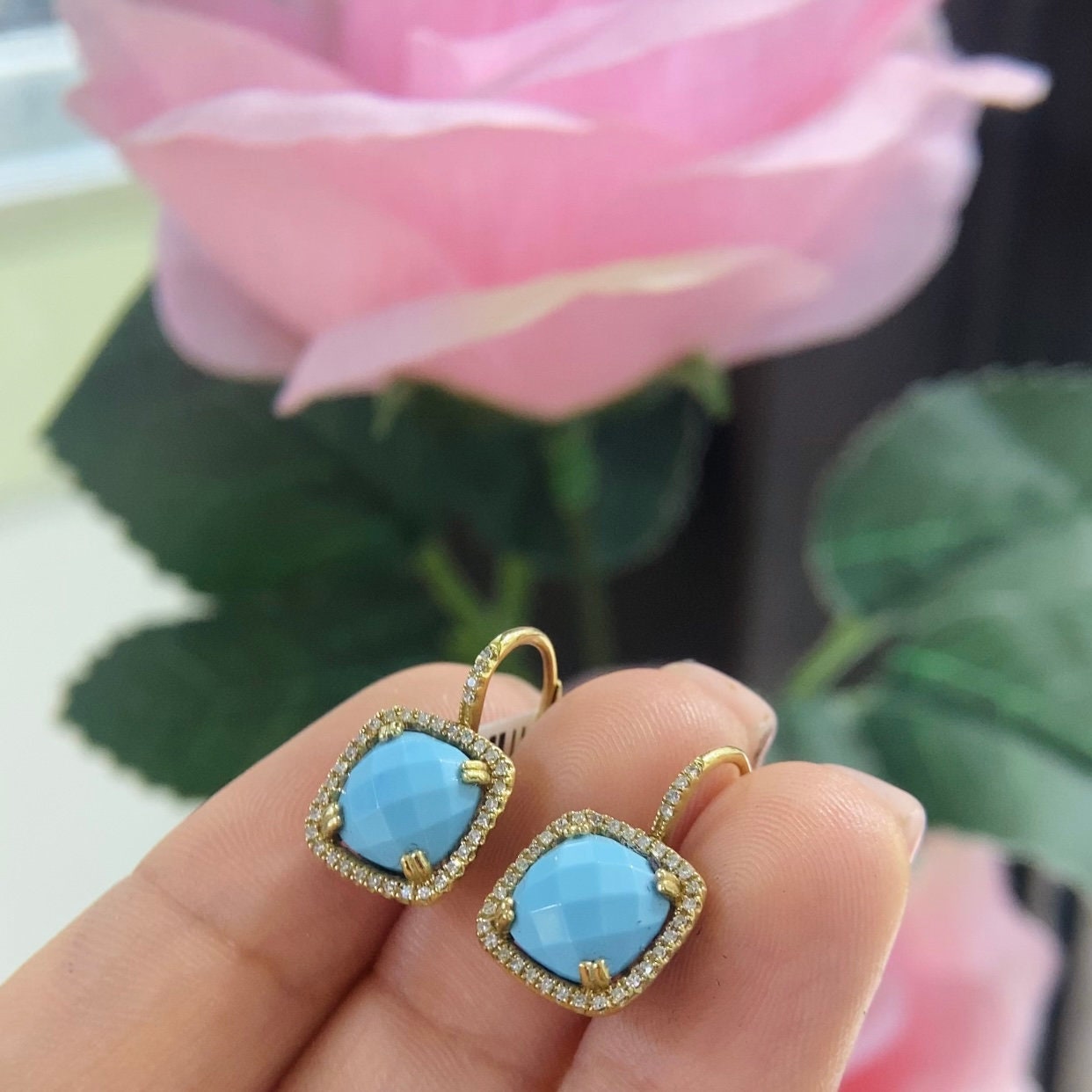 14K Yellow Gold 2.87ct Blue Coral with 0.17ct in Diamonds Earrings. E-10391 (etsy image id: 5073042093)