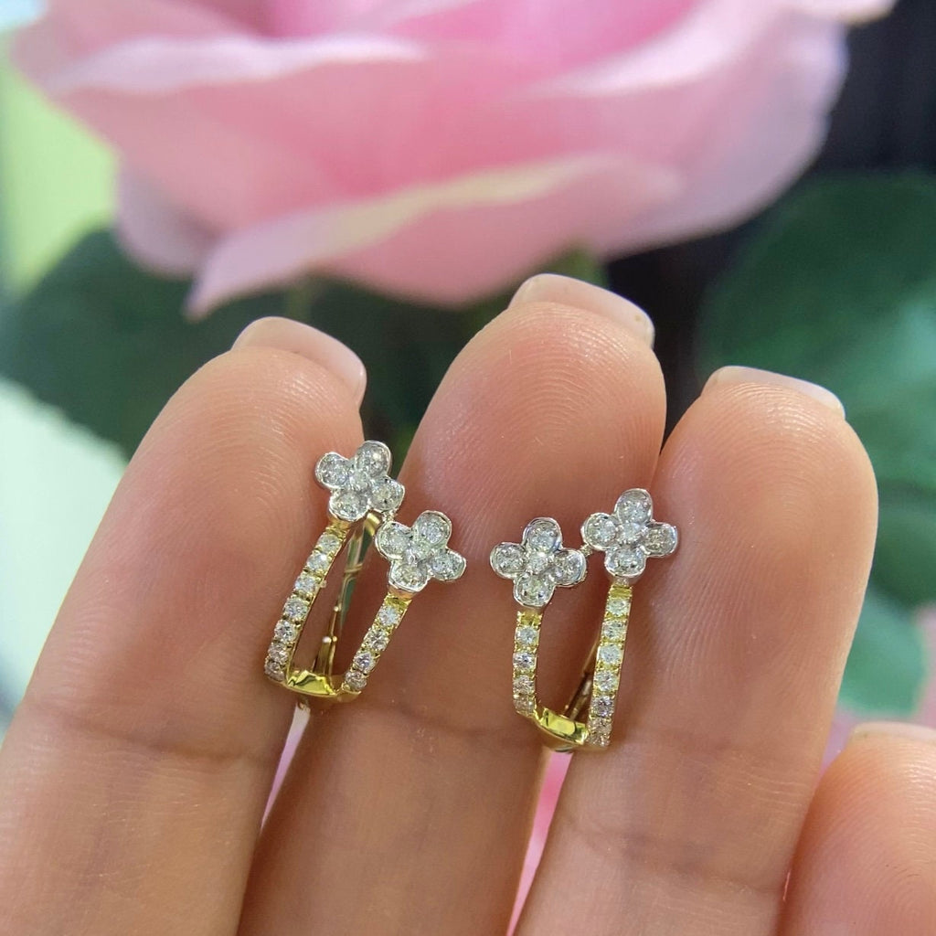 14K Yellow Gold Little Flower Huggie Style Earrings with 0.35ct in Diamonds. (etsy image id: 5075975311)