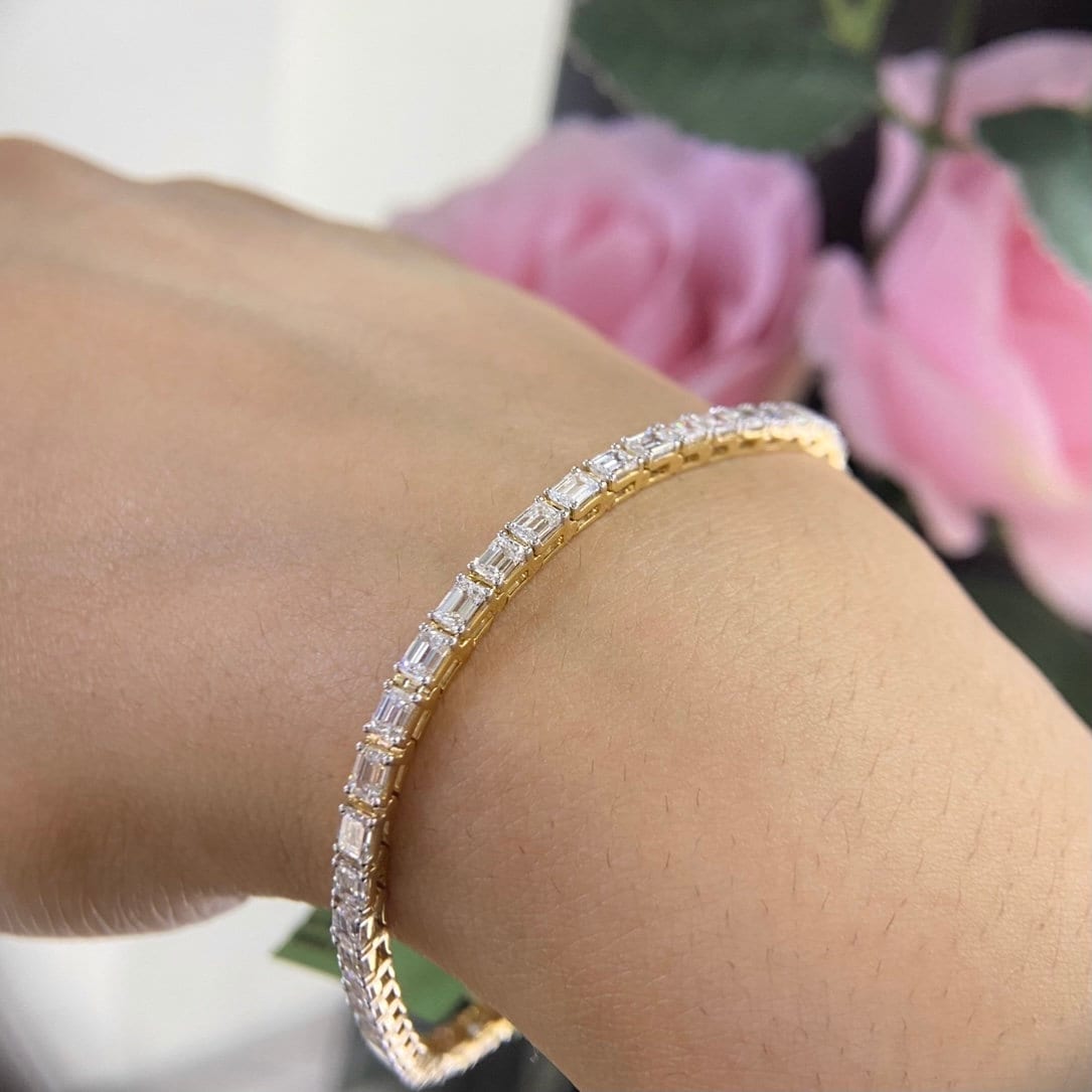 Lustrous Yellow Gold Emerald Cut Diamond East West Tennis Bracelet (etsy image id: 5198015587)