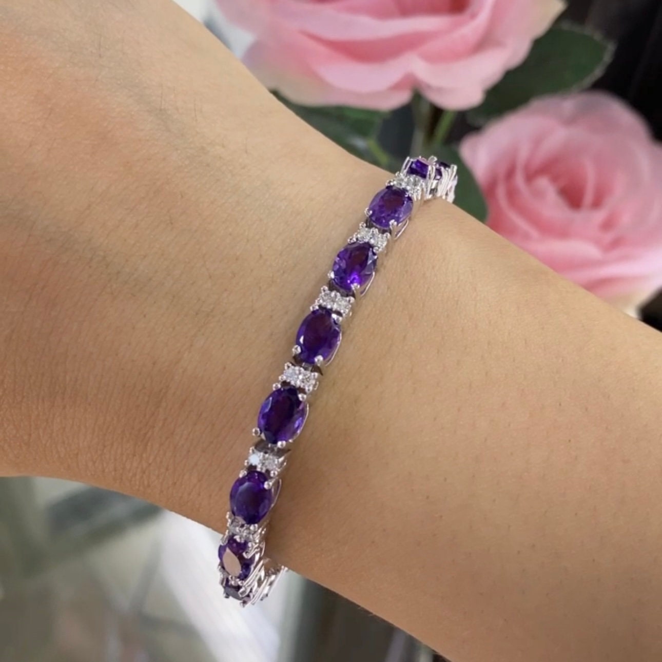 14K White  Gold Bracelet  1.10ct with 13.20ct in Amethyst oval cut. CBR017 I,ZJJ (etsy image id: 5281214520)
