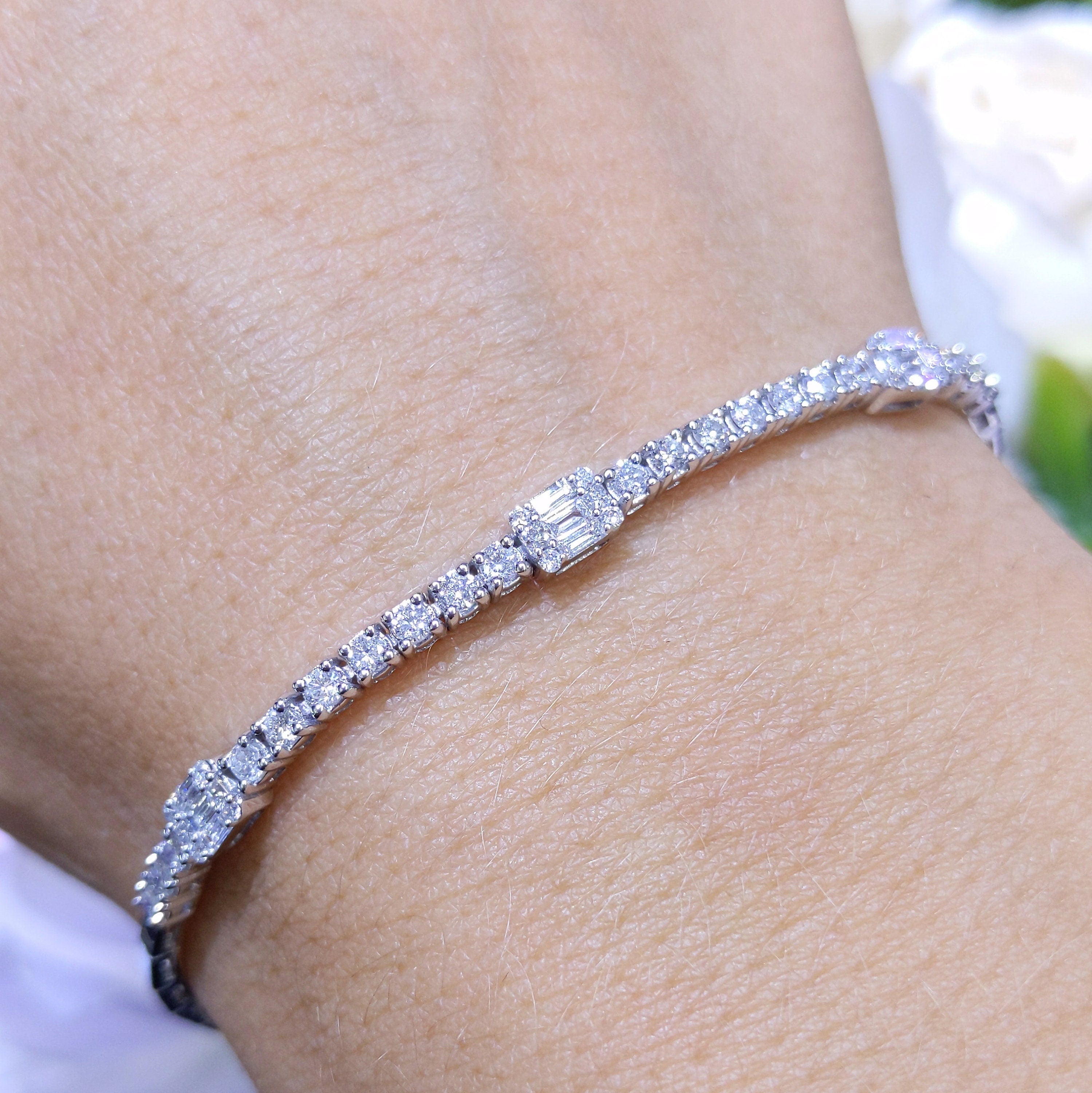 Tennis Bracelet with Baguette and Round Clusters and 2.56cts in Diamonds Set in 14K White Gold.PJBR4782 (etsy image id: 5281379176)