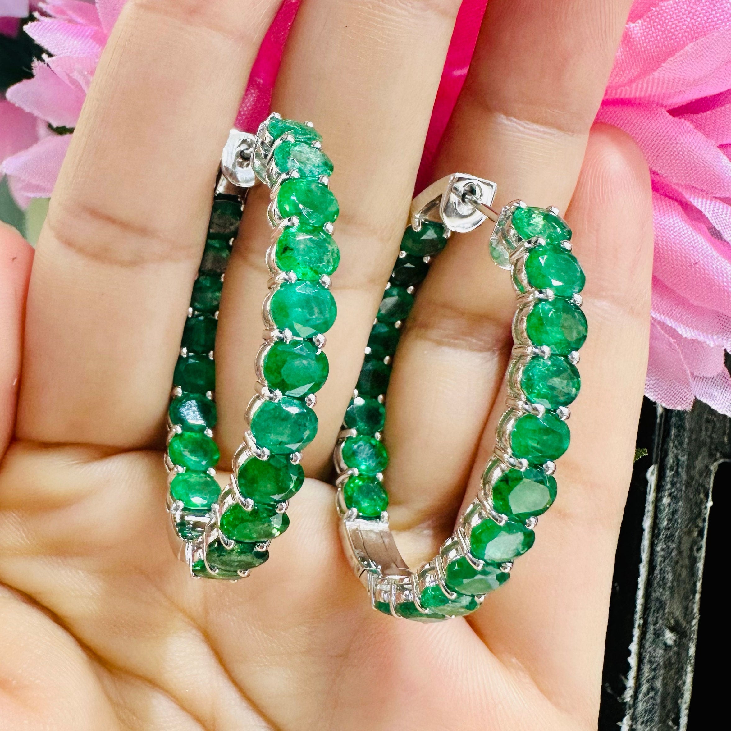 18kt White Gold Emerald Hoop Earrings (etsy image id: 5415894199)