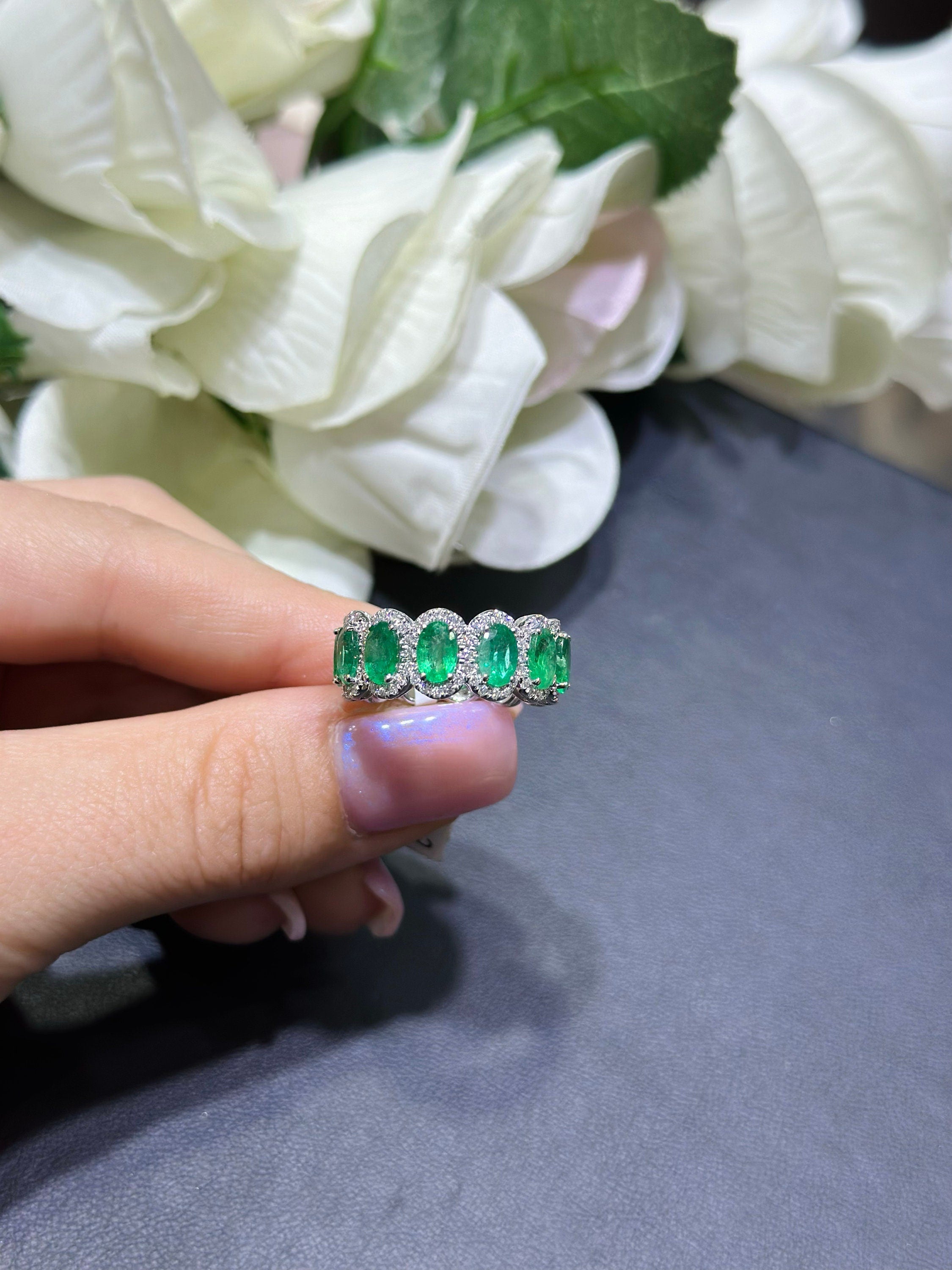 18k White Gold Eternity Band with Stunning Natural Diamonds and Natural Oval Cust Emeralds (etsy image id: 5416237306)