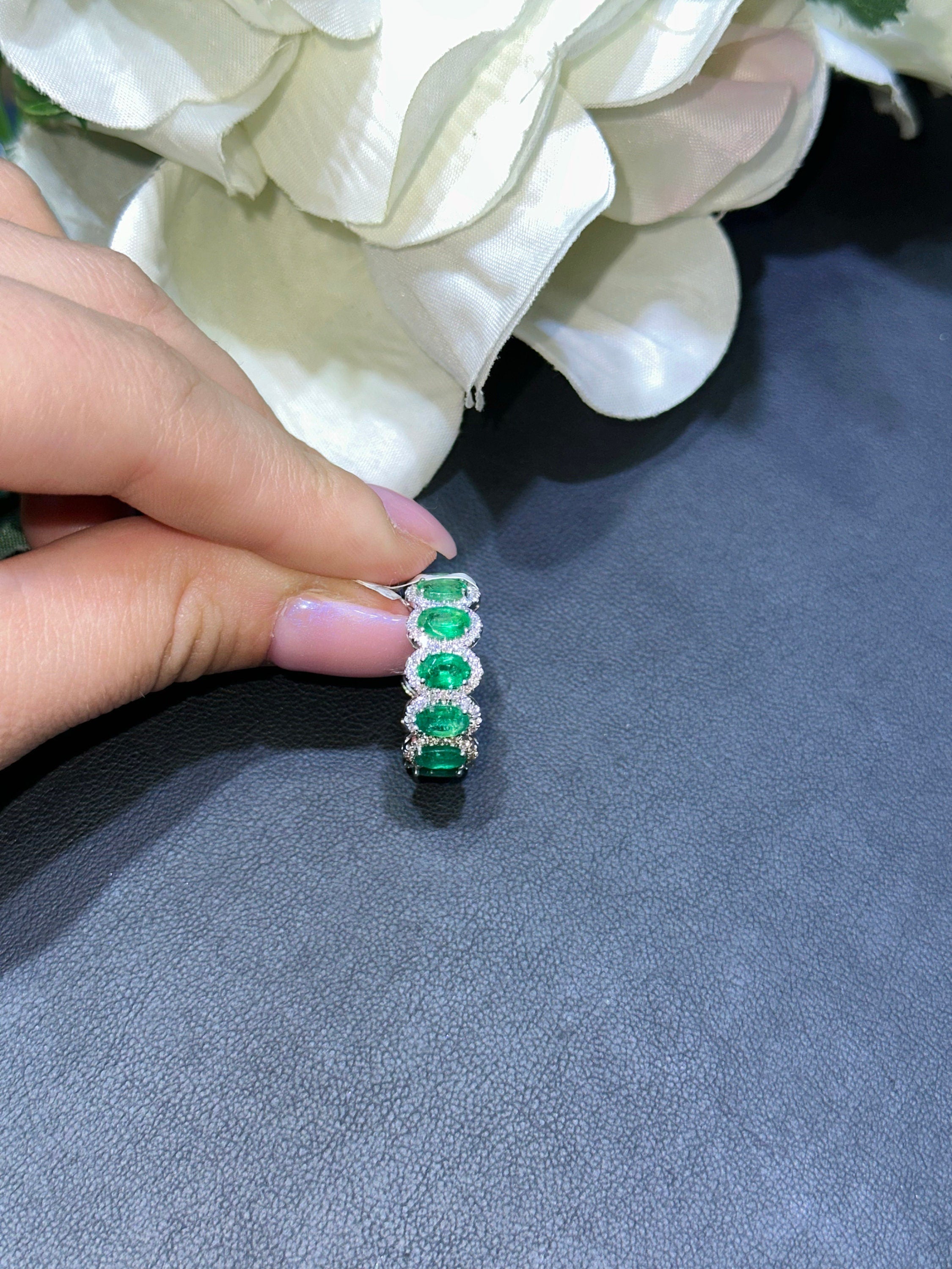 18k White Gold Eternity Band with Stunning Natural Diamonds and Natural Oval Cust Emeralds (etsy image id: 5416239774)