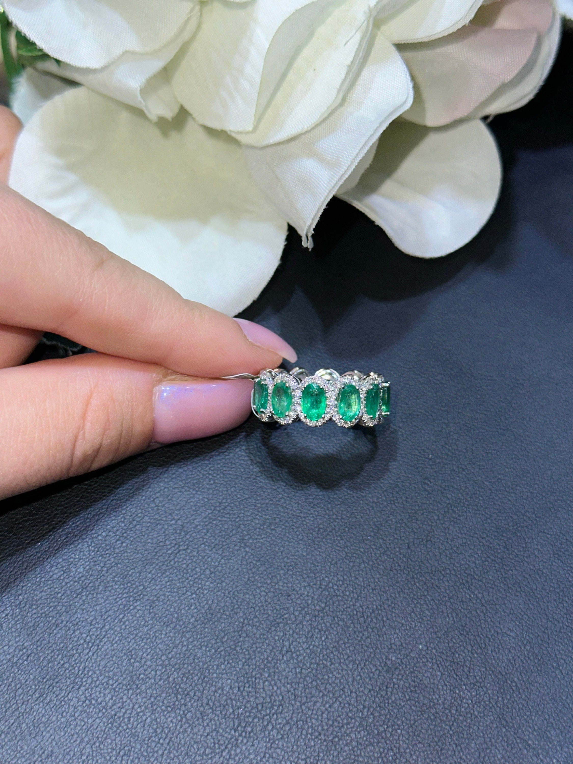 18k White Gold Eternity Band with Stunning Natural Diamonds and Natural Oval Cust Emeralds (etsy image id: 5464363407)