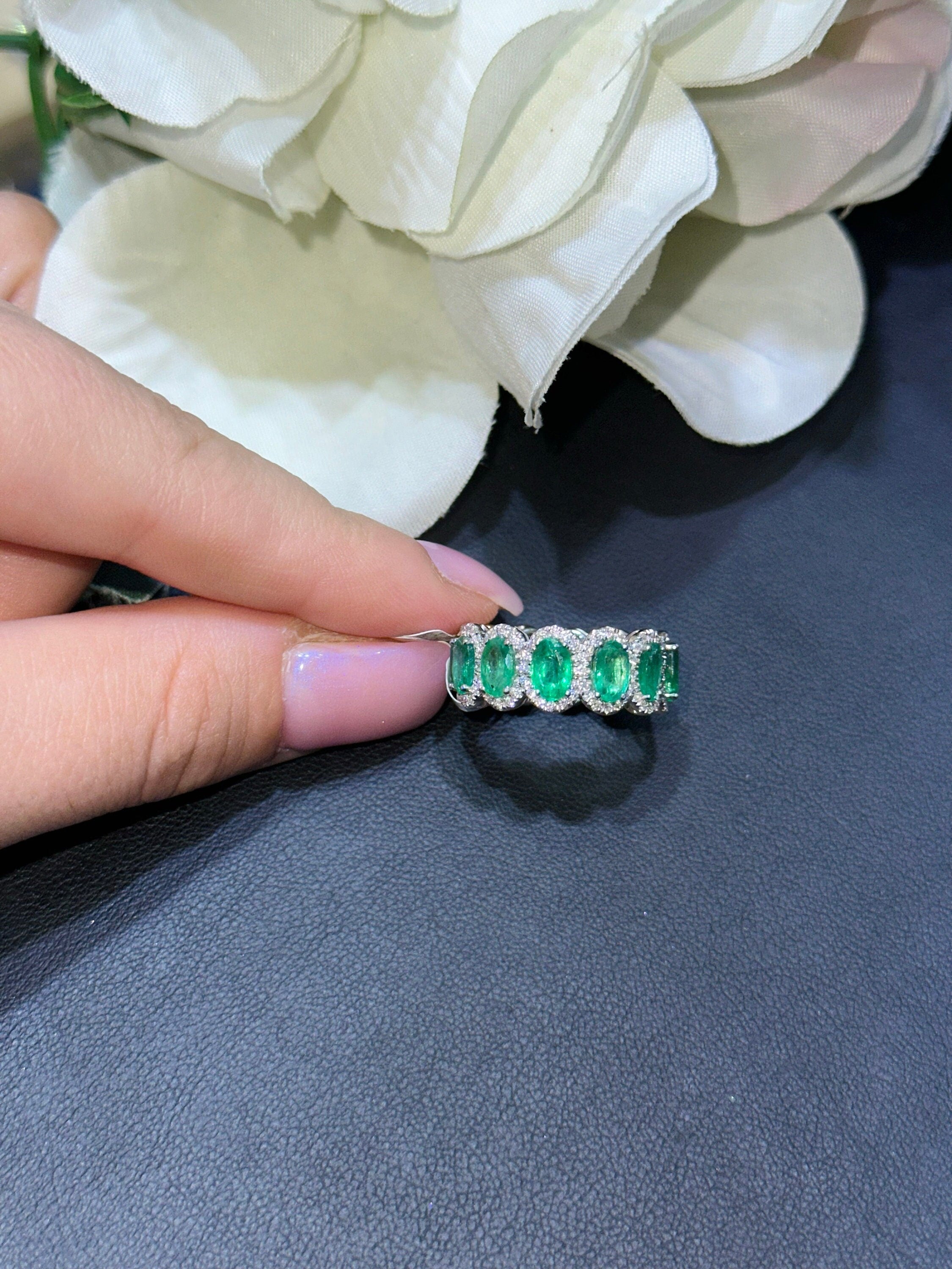 18k White Gold Eternity Band with Stunning Natural Diamonds and Natural Oval Cust Emeralds (etsy image id: 5464365587)