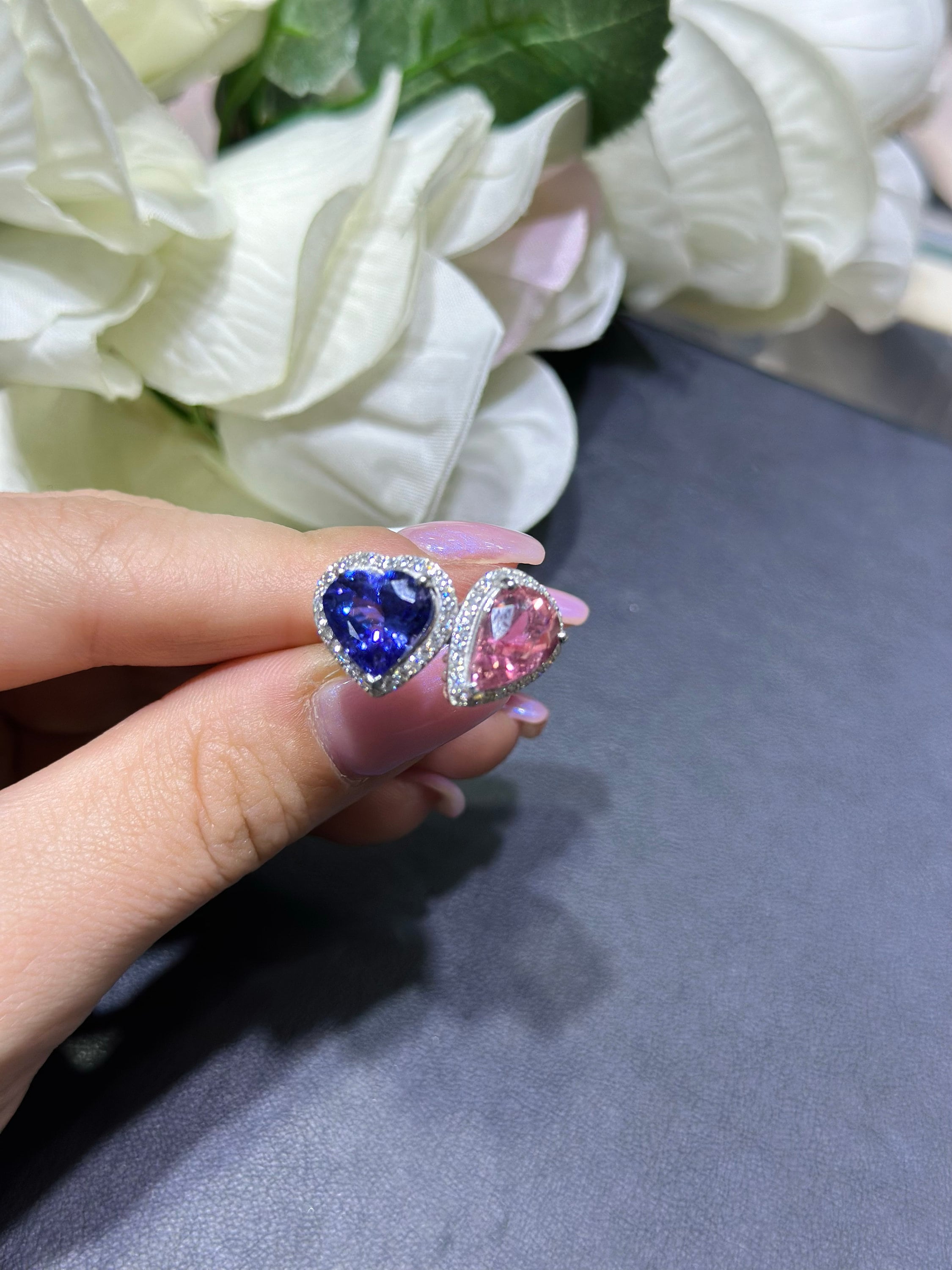 18K Luxurious and Stunning White Gold Diamond Tanzanite & Pink Tourmaline Ring (etsy image id: 5464478913)