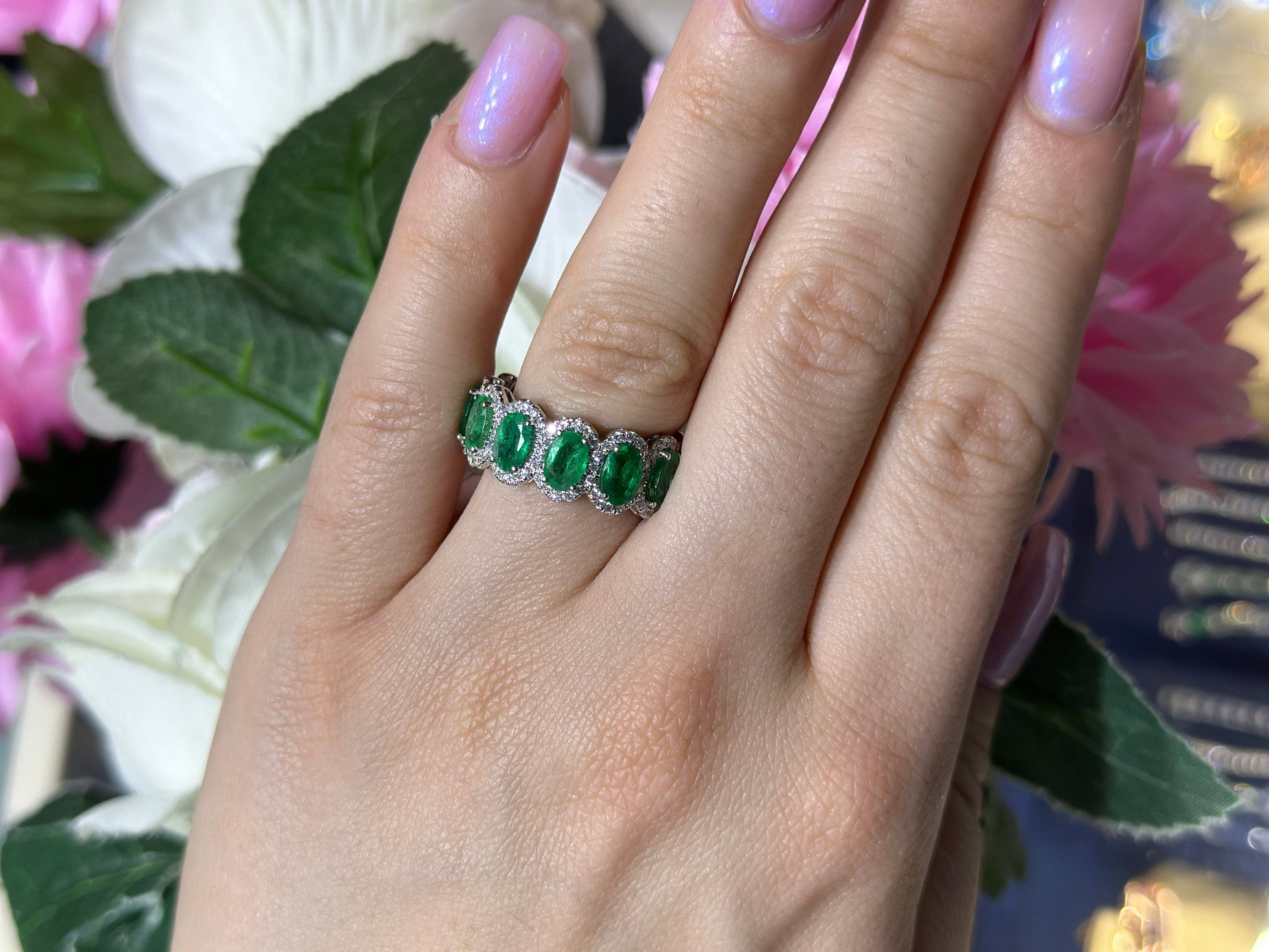18k White Gold Eternity Band with Stunning Natural Diamonds and Natural Oval Cust Emeralds (etsy image id: 5464615871)