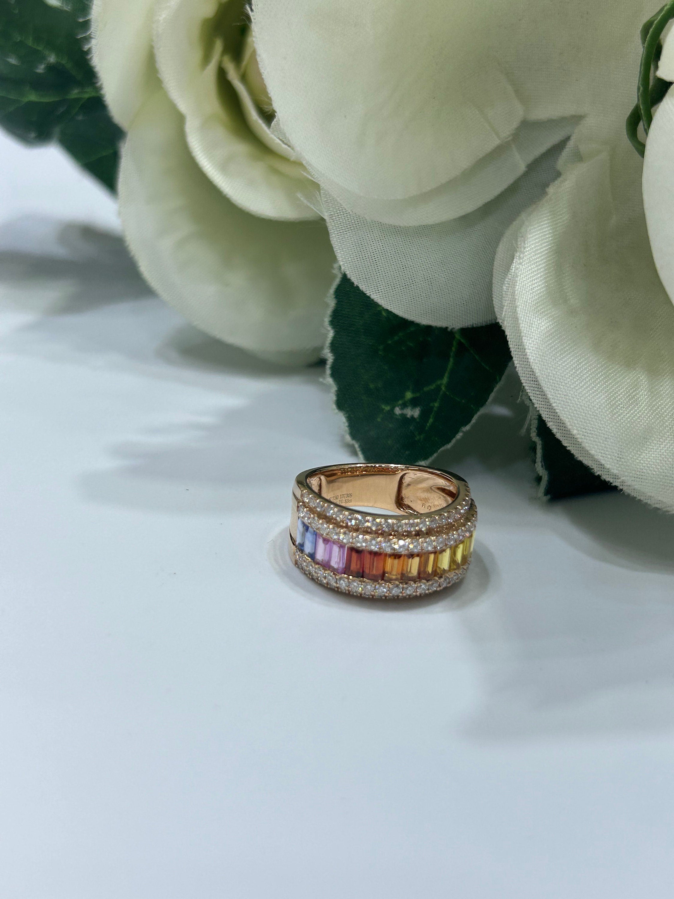 18KT Rose Gold Multicolor Sapphire and Diamond Ring (etsy image id: 5524634905)