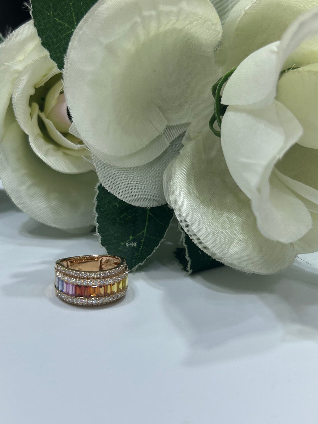 18KT Rose Gold Multicolor Sapphire and Diamond Ring (etsy image id: 5524634919)