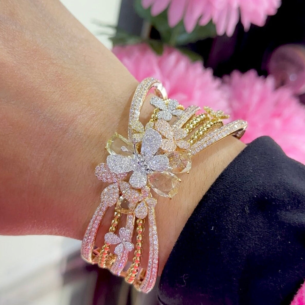 18K Yellow Gold cuff Bangle Bracelet 7.78ct in Natural Diamonds ,G color,VS2-SI with multi color stones DB053 ETJJ (etsy image id: 5583062950)