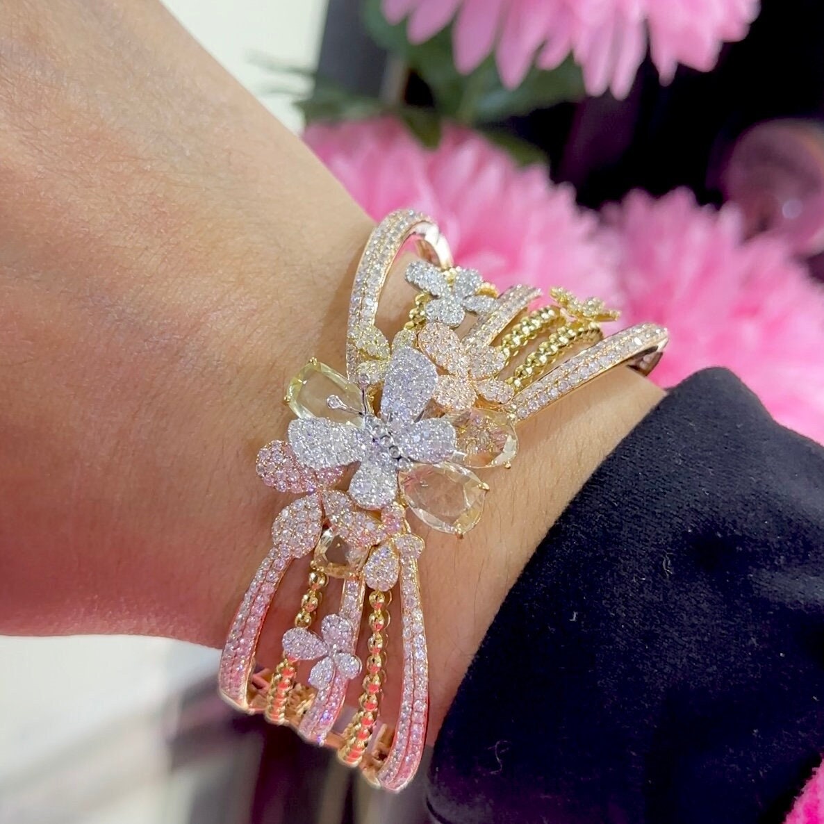 18K Yellow Gold cuff Bangle Bracelet 7.78ct in Natural Diamonds ,G color,VS2-SI with multi color stones DB053 ETJJ (etsy image id: 5583062950)