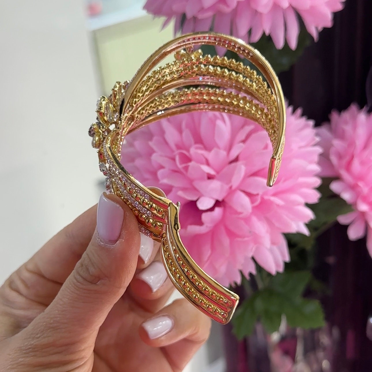 18K Yellow Gold cuff Bangle Bracelet 7.78ct in Natural Diamonds ,G color,VS2-SI with multi color stones DB053 ETJJ (etsy image id: 5631169779)
