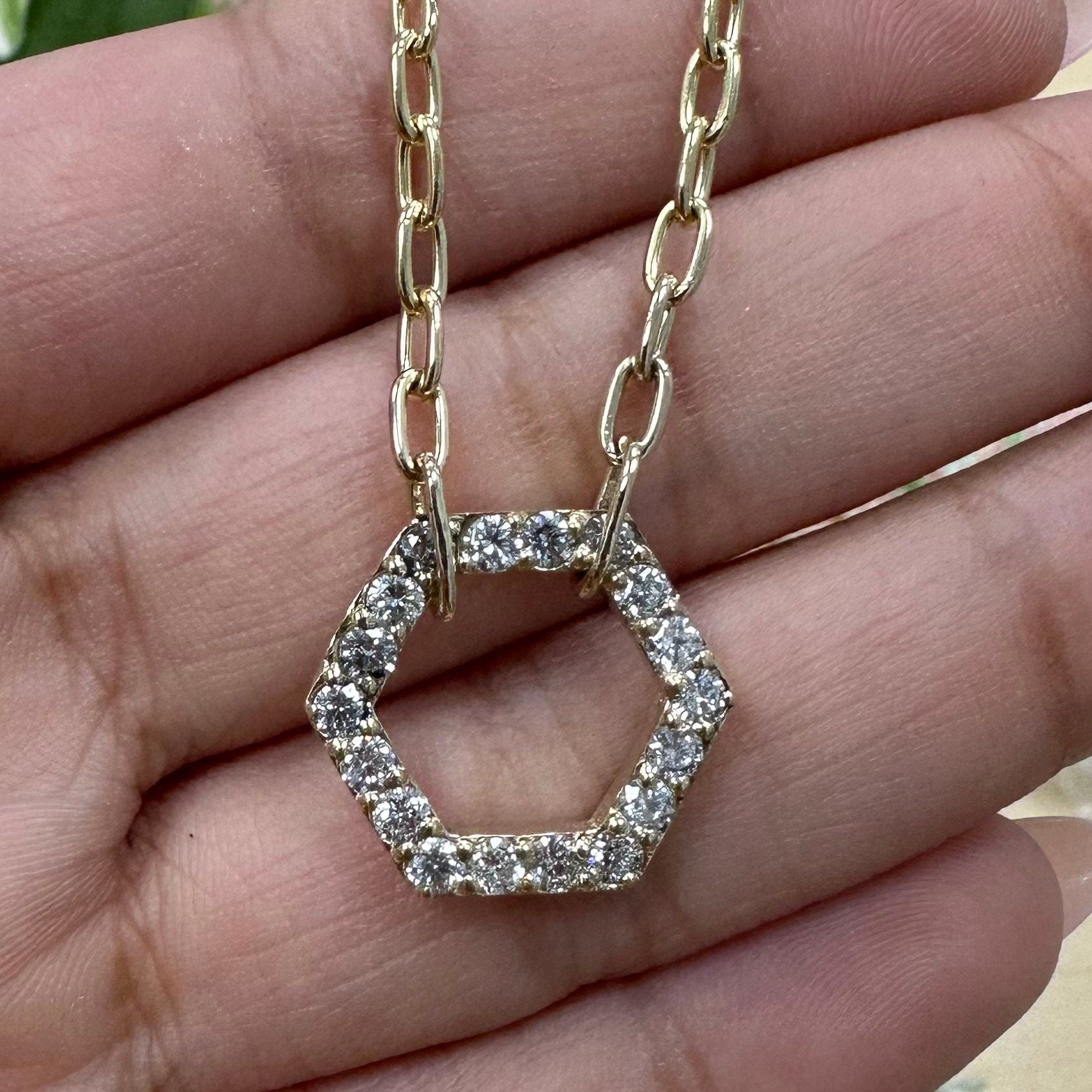 Elegant 14KT Yellow Gold Hexagon Diamond Necklace with Paperclip Chain- DN012 __etsy:5722373882