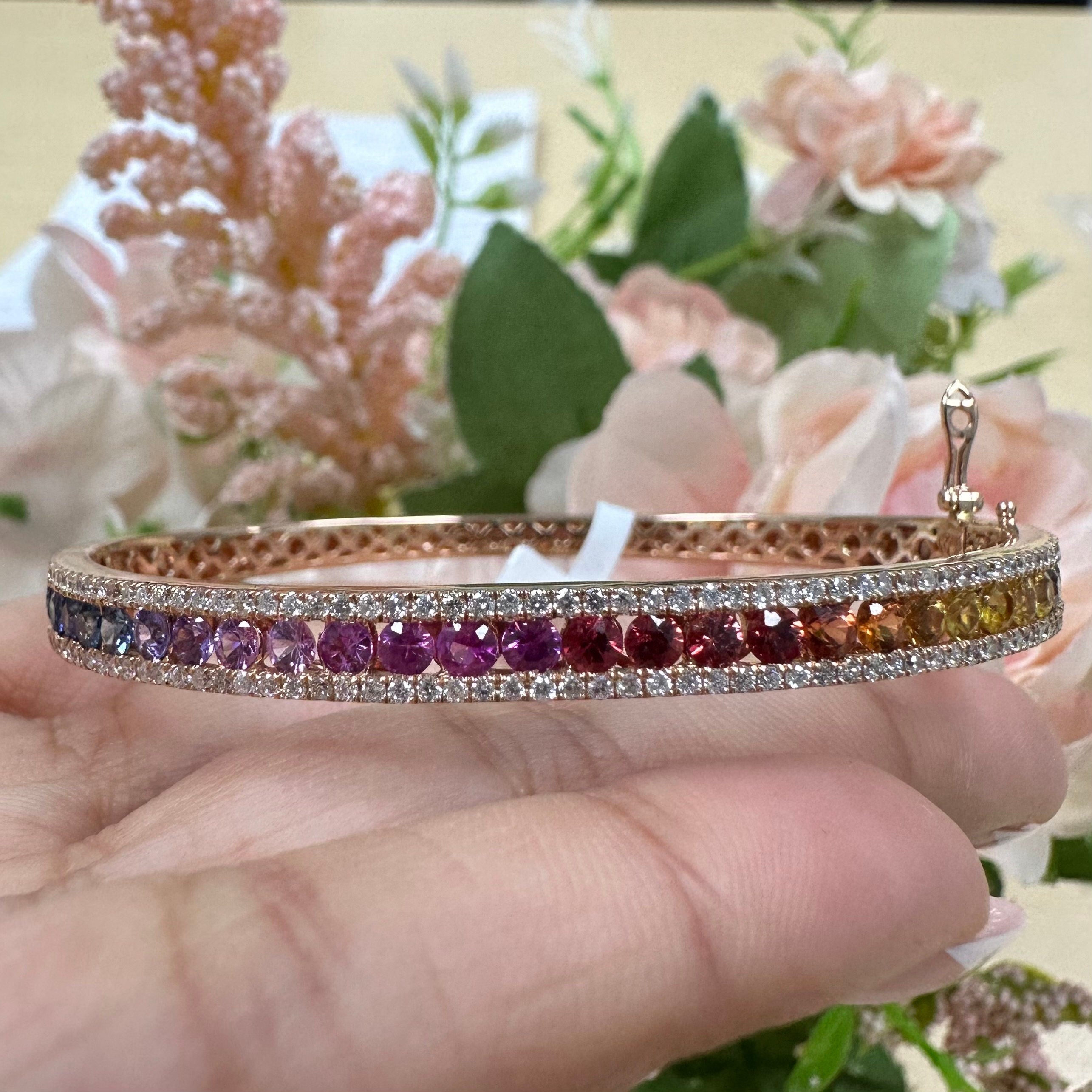 Chic  and Lustrous 18K Rose Gold Bangle with Round Diamonds Multi-Colored Sapphires __etsy:5722504704