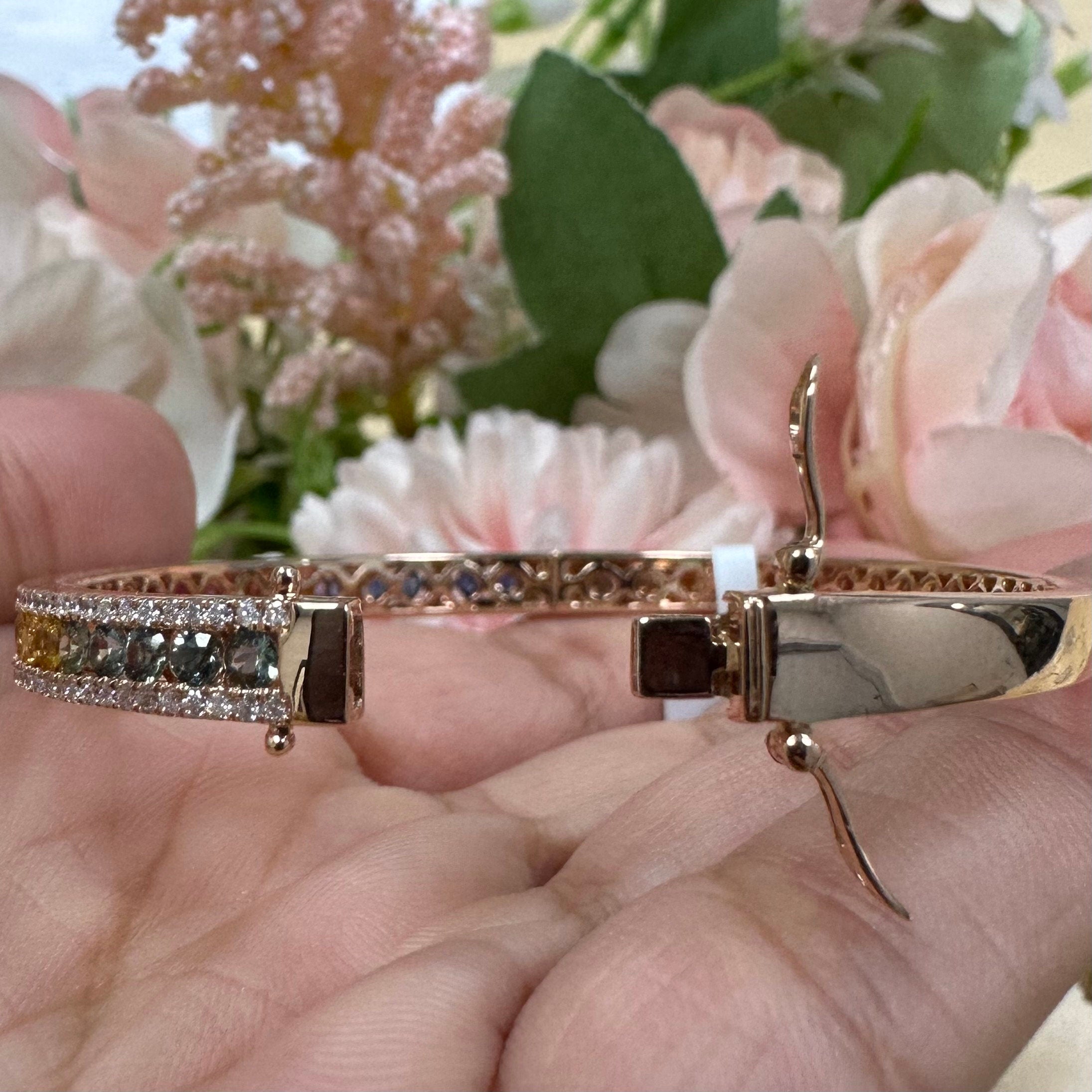 Chic  and Lustrous 18K Rose Gold Bangle with Round Diamonds Multi-Colored Sapphires __etsy:5722504816