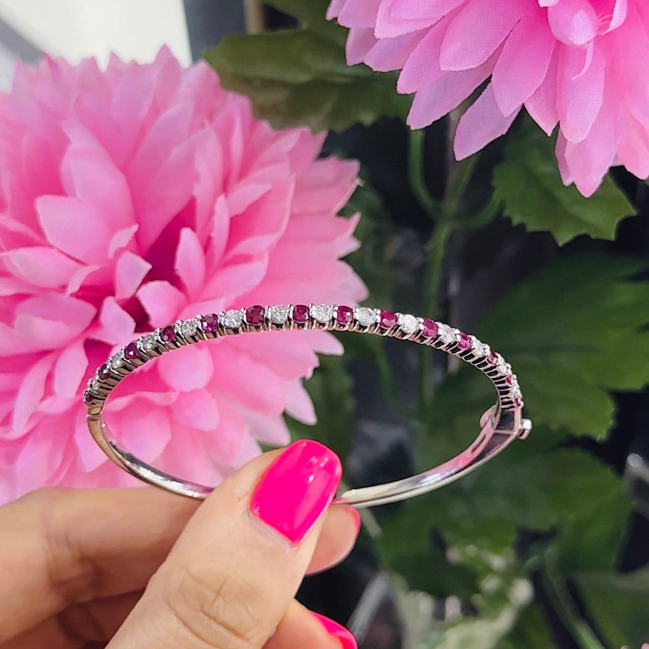 14K White Gold Ruby Diamond Bangle Bracelet with 1.45ct rd cut Ruby's and 0.90ct rd cut Natural Diamonds. (etsy image id: 5724293952)