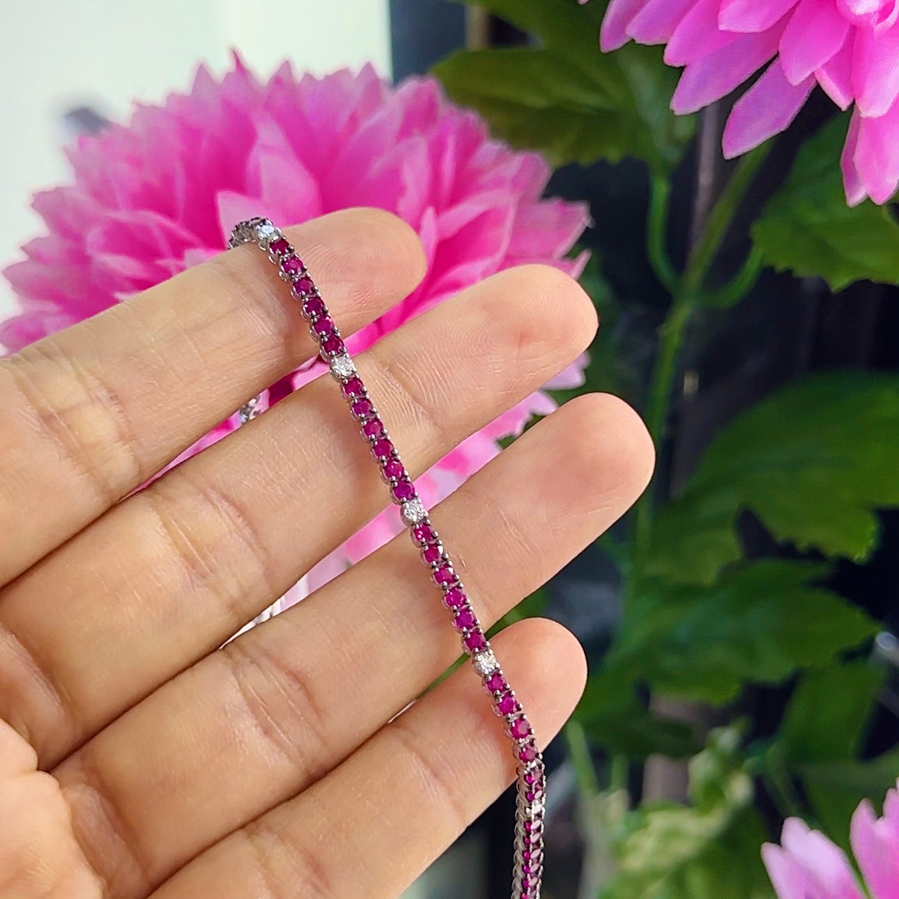 18K White Gold Diamond Ruby Bracelet with 0.37ct diamonds and 3.02ct Ruby's in round cut. 4 Prong settings. __etsy:5724306340
