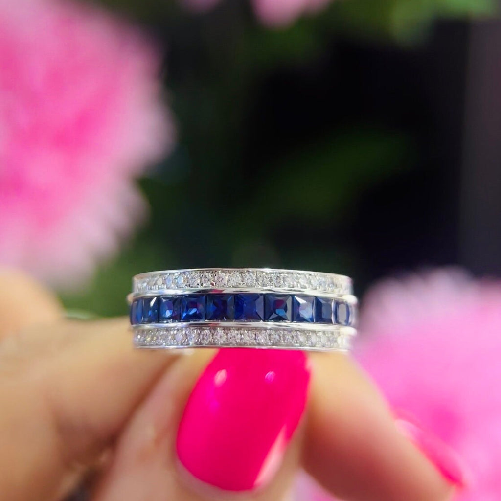 18K White Gold Diamond Sapphire Ring with 2.37ct princess cut Sapphires and 0.60ct Natural diamonds . G-H , VS2-SI clarity.  SDR060 ITEJ (etsy image id: 5724336480)