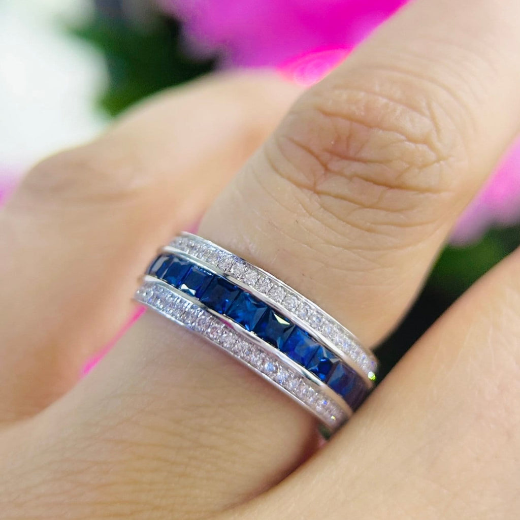 18K White Gold Diamond Sapphire Ring with 2.37ct princess cut Sapphires and 0.60ct Natural diamonds . G-H , VS2-SI clarity.  SDR060 ITEJ (etsy image id: 5724337034)