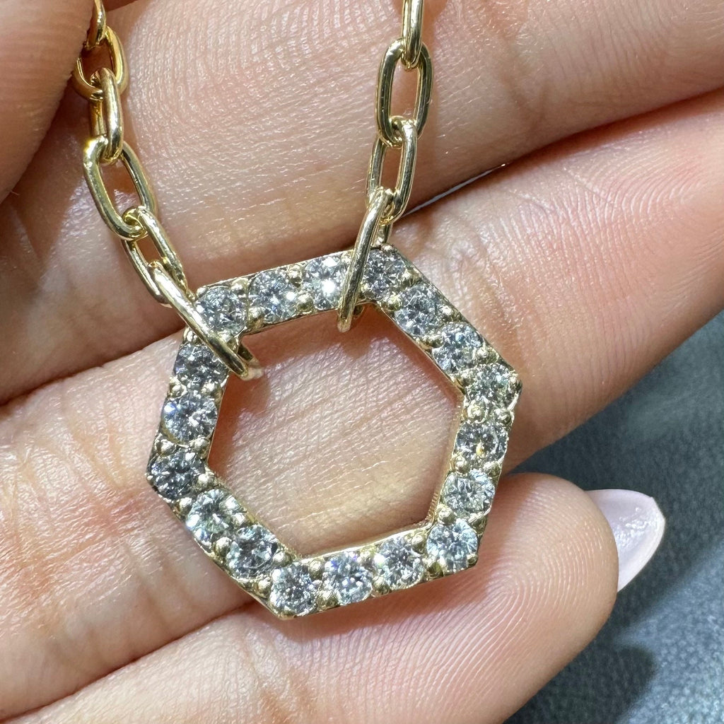 Elegant 14KT Yellow Gold Hexagon Diamond Necklace with Paperclip Chain- DN012 __etsy:5770438951