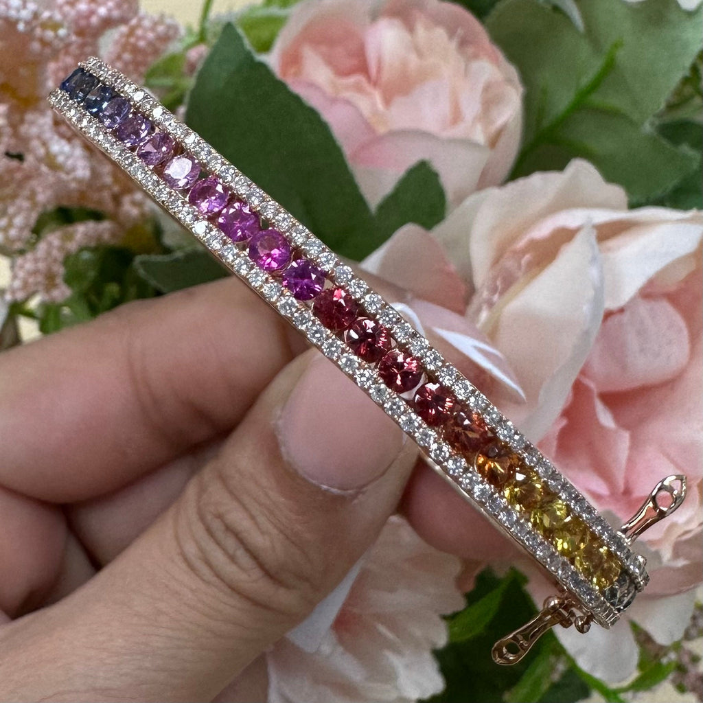 Chic  and Lustrous 18K Rose Gold Bangle with Round Diamonds Multi-Colored Sapphires __etsy:5770572213