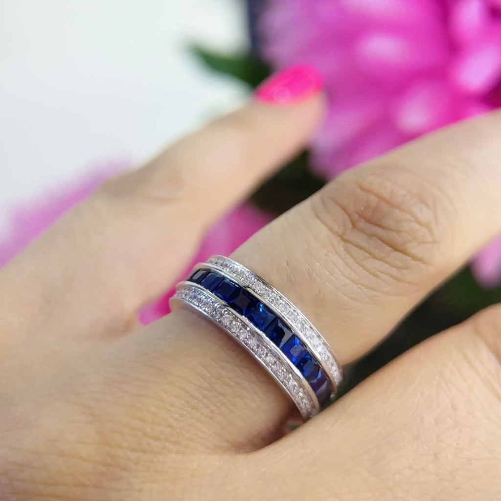 18K White Gold Diamond Sapphire Ring with 2.37ct princess cut Sapphires and 0.60ct Natural diamonds . G-H , VS2-SI clarity.  SDR060 ITEJ (etsy image id: 5772405215)