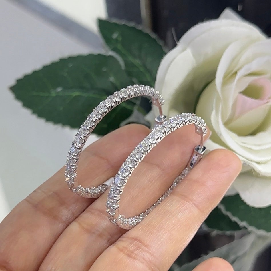 14K White Gold Diamond Hoops Earrings with 7.02ct Lab grown Diamonds ,2 inches ,F color, VS2 Clarity. DIER0134 GJJJ (etsy image id: 5833303006)