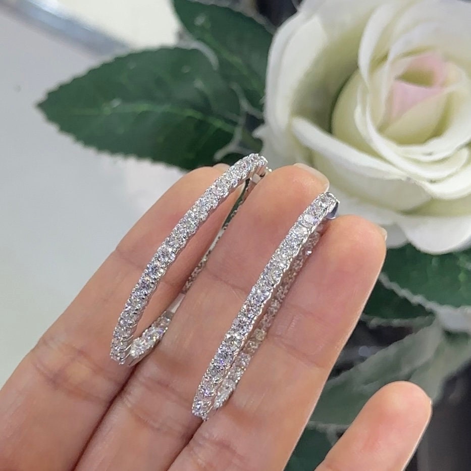 14K White Gold Diamond Hoops Earrings with 7.02ct Lab grown Diamonds ,2 inches ,F color, VS2 Clarity. DIER0134 GJJJ (etsy image id: 5833303012)
