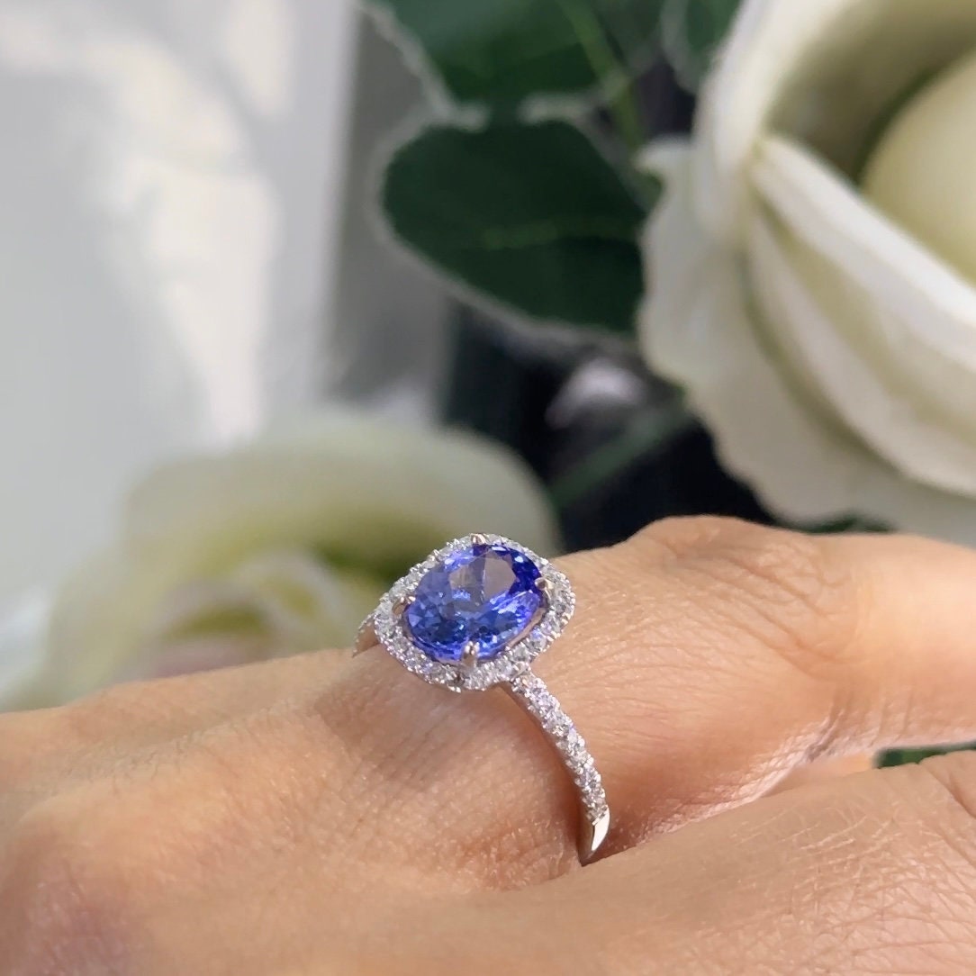 White Gold Diamond Tanzanite Ring in Halo Setting with Half Circle Diamonds of The Band (etsy image id: 5840269148)