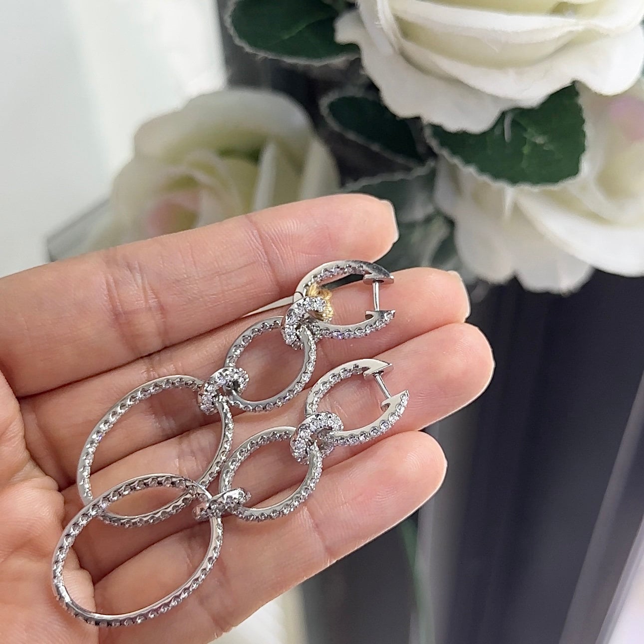 White Gold Five Circle Dangling Diamond Earrings (etsy image id: 5840289056)