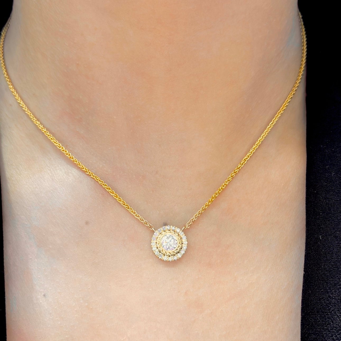 Yellow Gold Single Diamond Pendant Surrounded with a Halo of Diamonds (etsy image id: 5840292306)