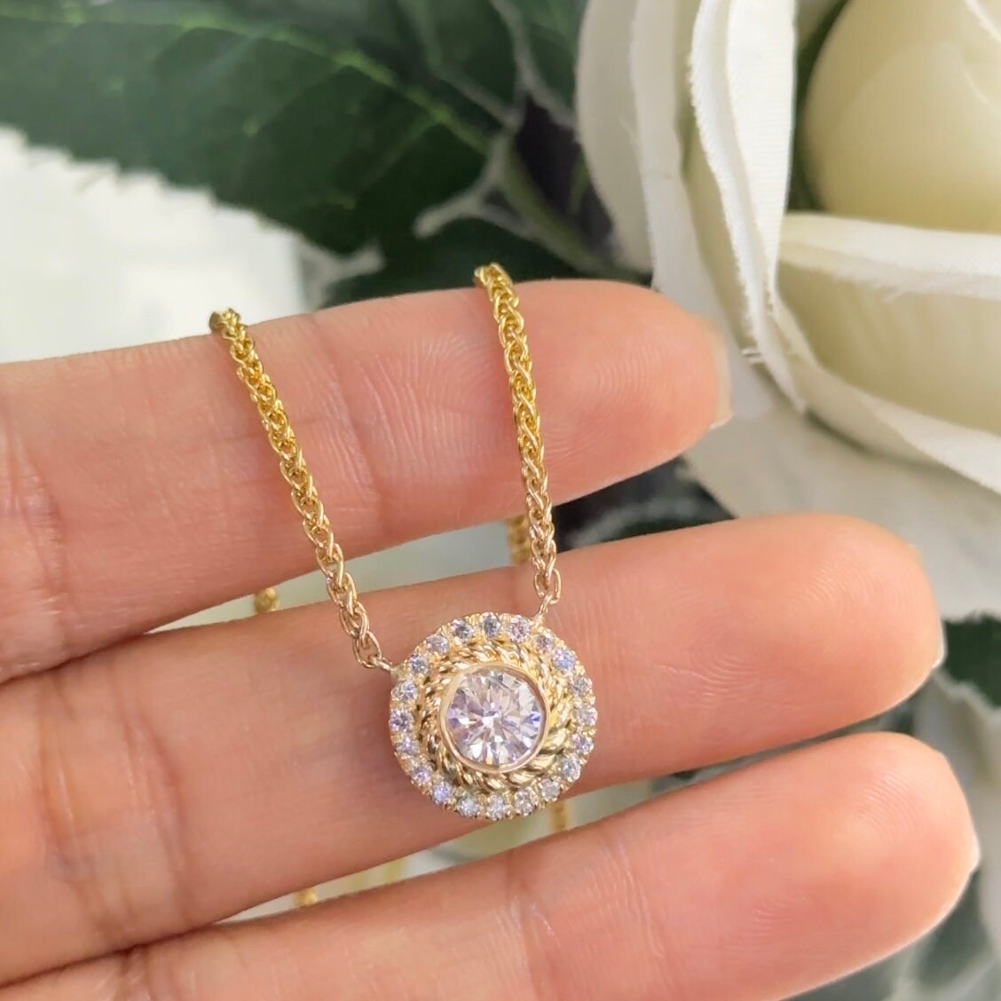 Yellow Gold Single Diamond Pendant Surrounded with a Halo of Diamonds (etsy image id: 5840292312)