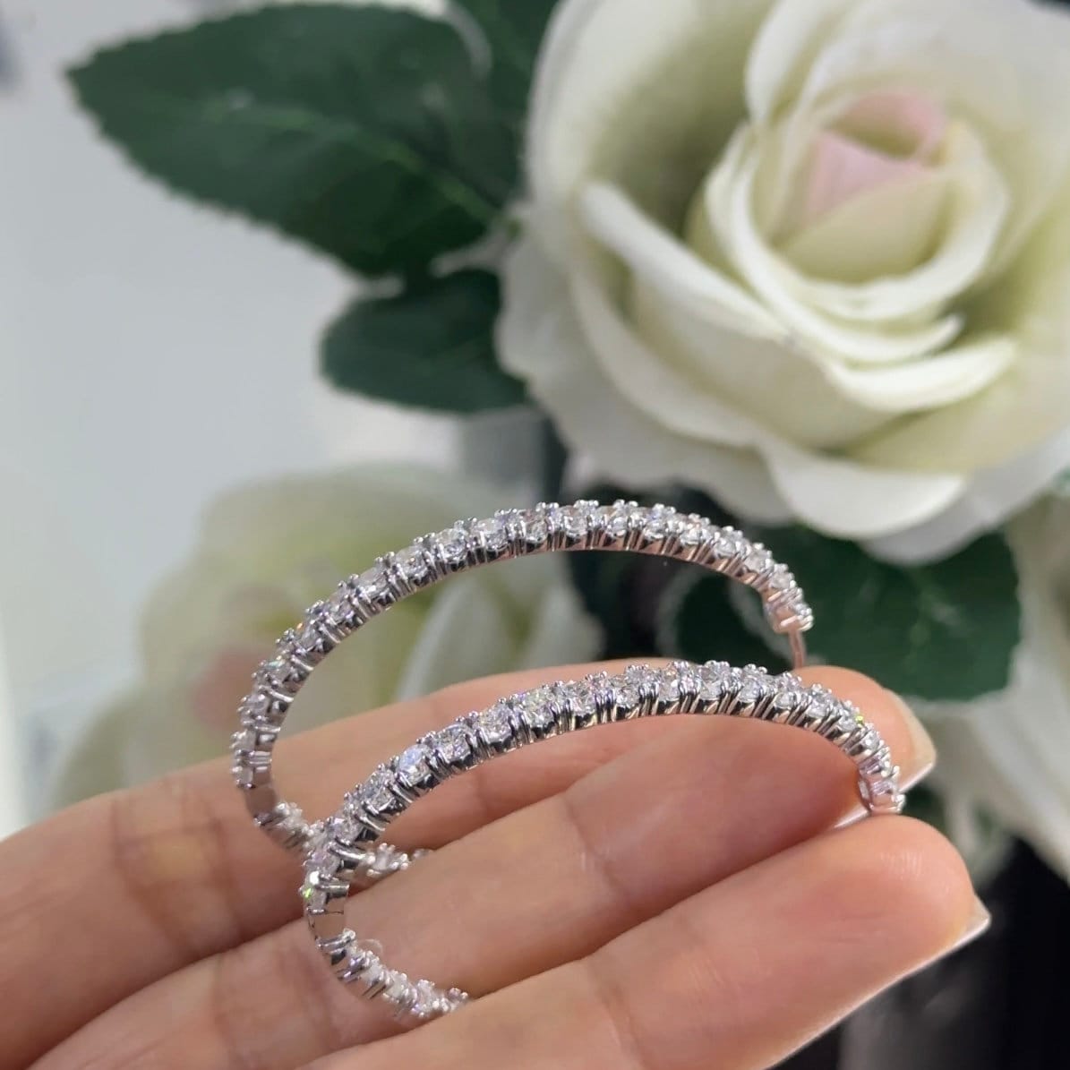 14K White Gold Diamond Hoops Earrings with 7.02ct Lab grown Diamonds ,2 inches ,F color, VS2 Clarity. DIER0134 GJJJ (etsy image id: 5881402191)