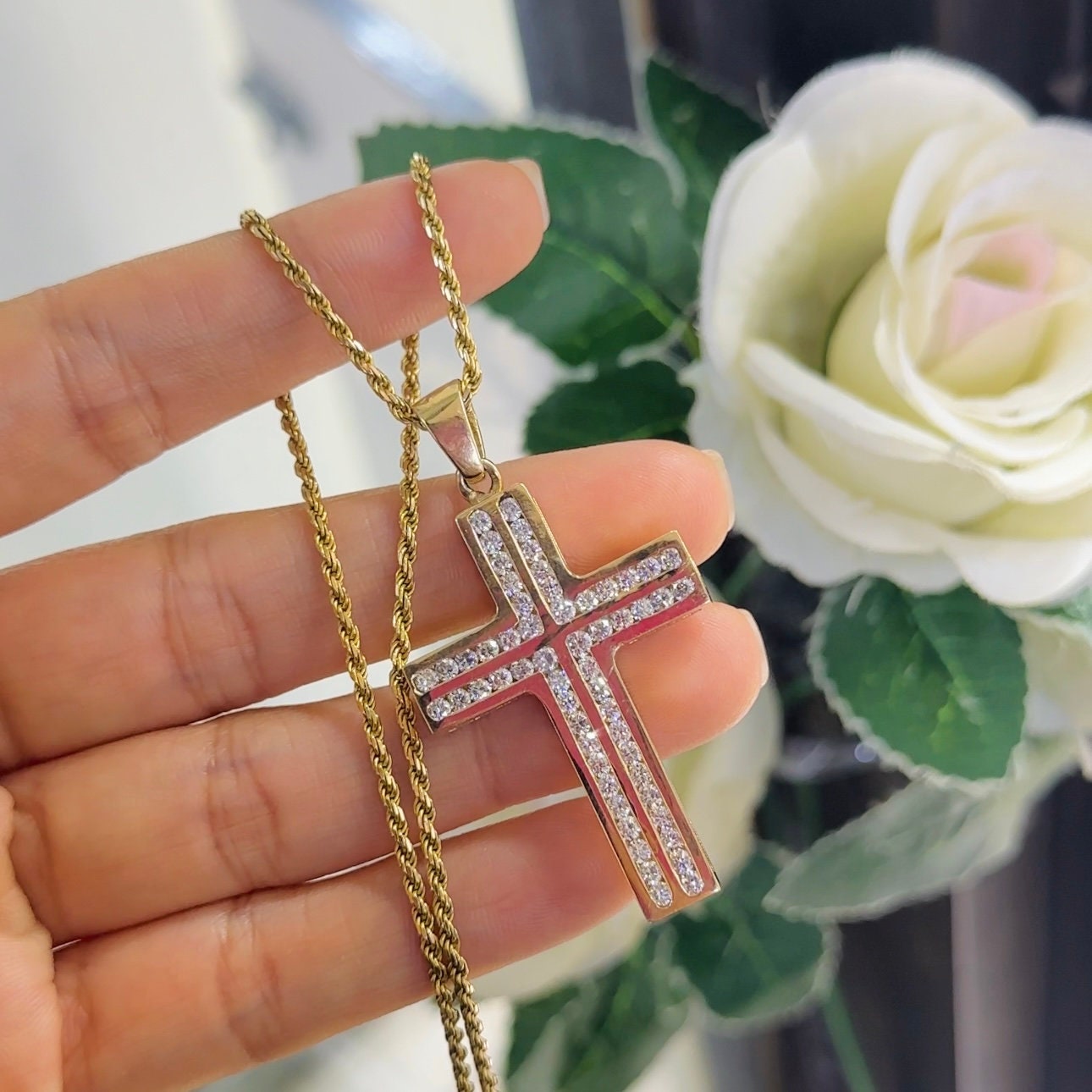 Yellow Gold Chain With Diamond Cross Pendant (etsy image id: 5888369439)