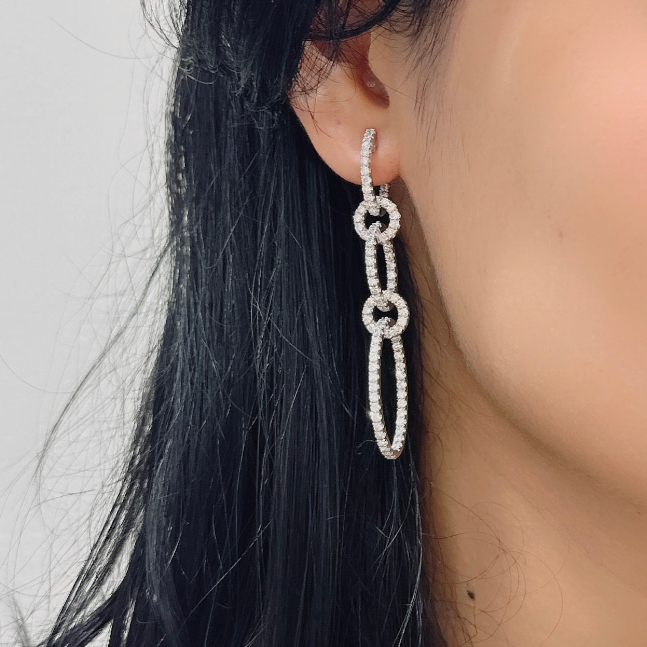 White Gold Five Circle Dangling Diamond Earrings (etsy image id: 5888386525)