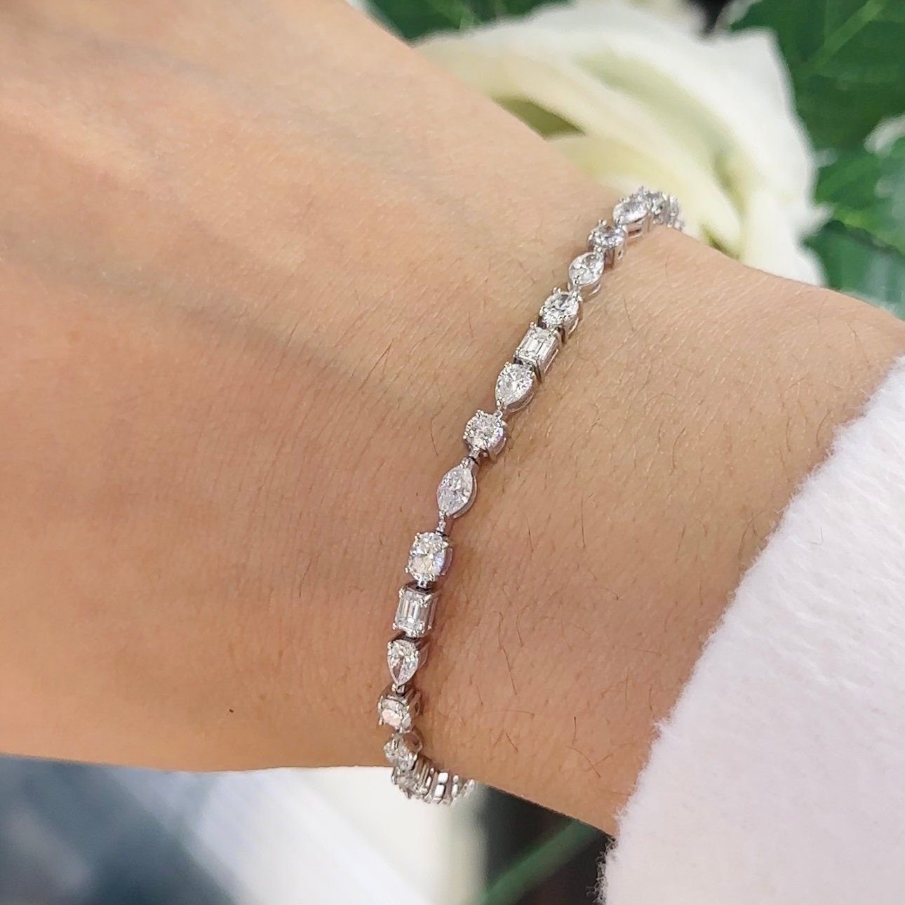 18K White Gold Fancy Shape Cut Diamond Tennis Bracelet (etsy image id: 5916561860)