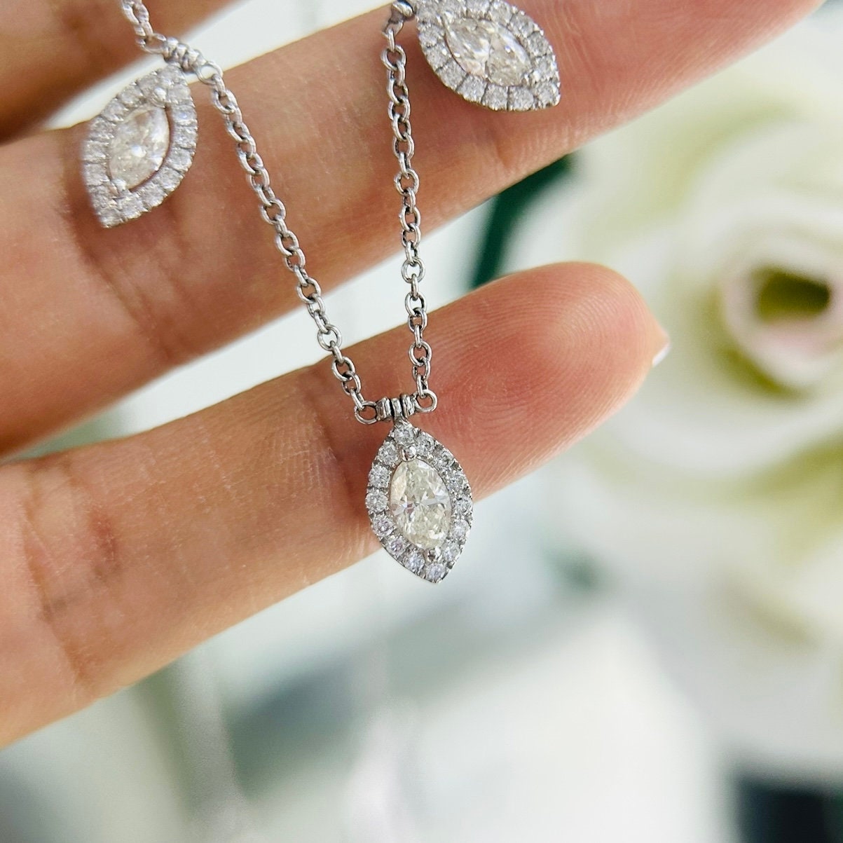 18Kt White Gold Necklace with 2.23ct total in natural round cut and marquis diamonds. TN2311-1 GTTT (etsy image id: 5916578476)