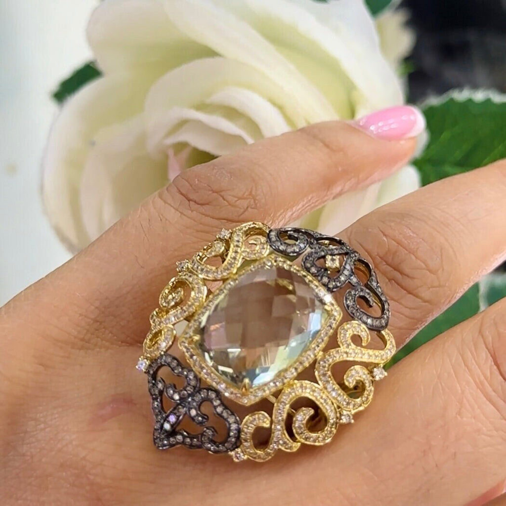 18Kt Yellow Gold Ring with a 10.76ct  cushion cut Green Amethyst & 2.23ct total in rd cut Diamonds CDR002 IGIT (etsy image id: 5916587216)