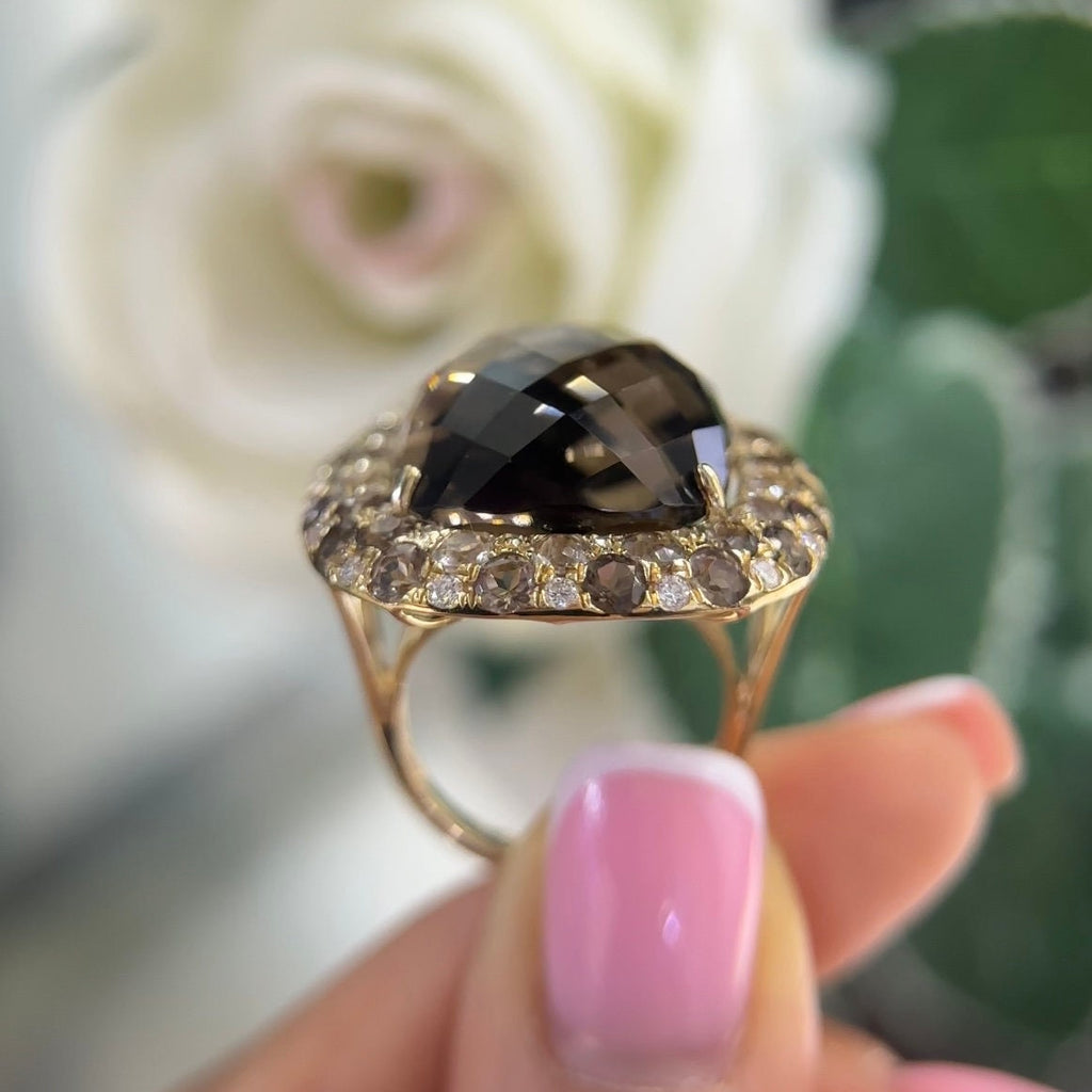 14Kt Yellow Gold Smoky Topaz Gemstone Ring 31.73ct cushion cut. Surrounded by smoky topaz 0.46ct total and round cut diamonds and 3.66ct (etsy image id: 5916590362)