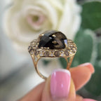14Kt Yellow Gold Smoky Topaz Gemstone Ring 31.73ct cushion cut. Surrounded by smoky topaz 0.46ct total and round cut diamonds and 3.66ct (etsy image id: 5916590362)