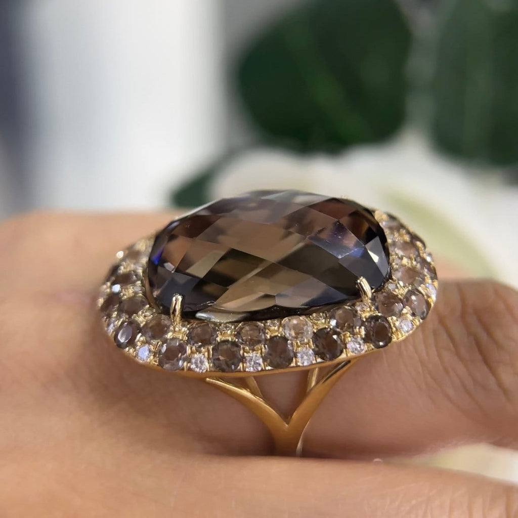 14Kt Yellow Gold Smoky Topaz Gemstone Ring 31.73ct cushion cut. Surrounded by smoky topaz 0.46ct total and round cut diamonds and 3.66ct (etsy image id: 5916590374)