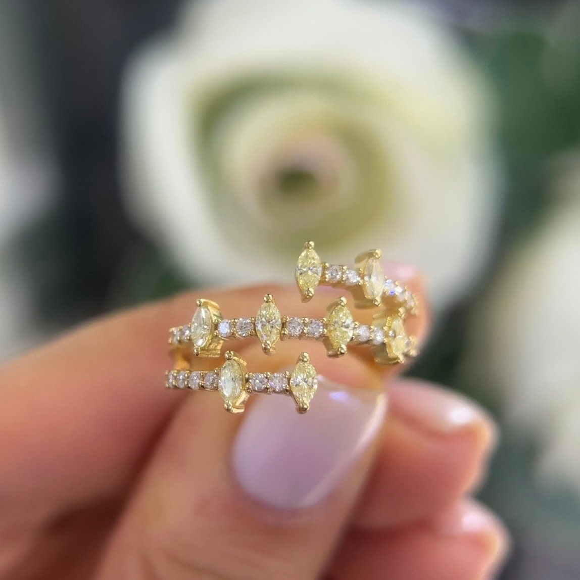 18Kt Yellow Gold Fancy Yellow Diamond ring with 0.68ct White and Yellow Diamonds. All Natural Diamonds.  DR021 ZNJ (etsy image id: 5951340692)