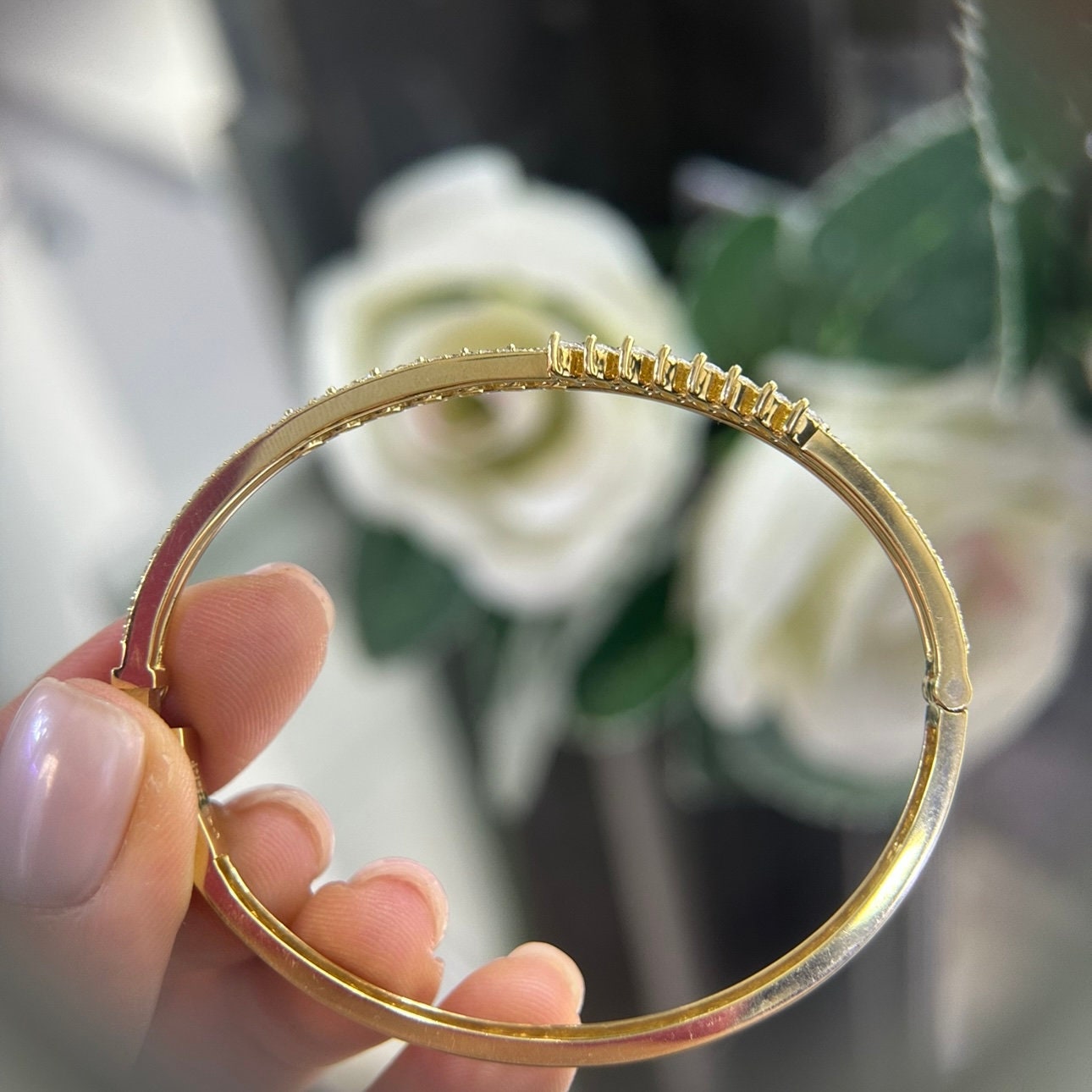 Yellow Gold Diamond Two-Row Bangle with round, pear, and marquise diamonds (etsy image id: 5951357770)
