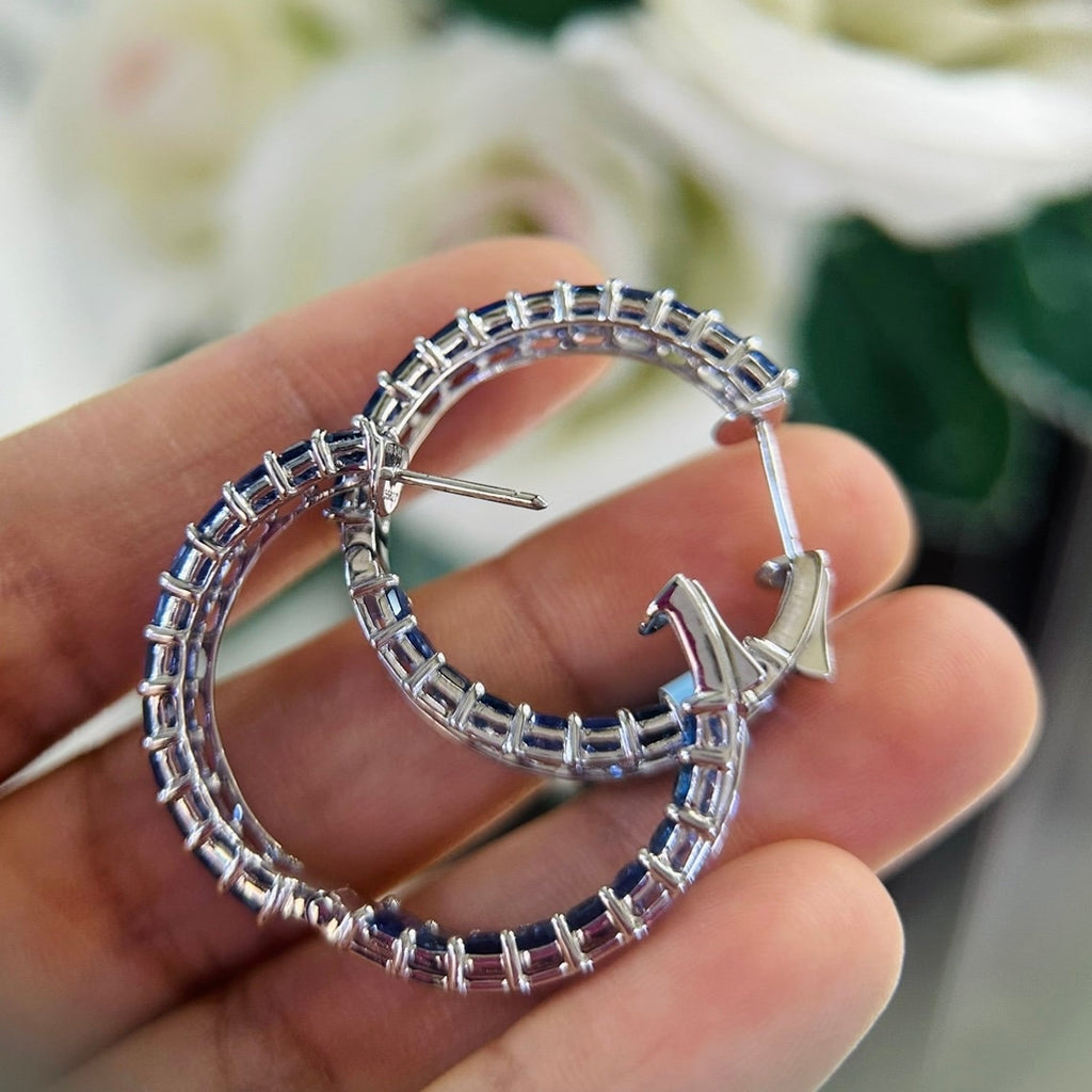 18Kt White Gold Sapphire Hoops Earrings ,13.46ct Natural Emerald cut Sapphire .In prong settings. SDER003 GJTJ (etsy image id: 5951374466)
