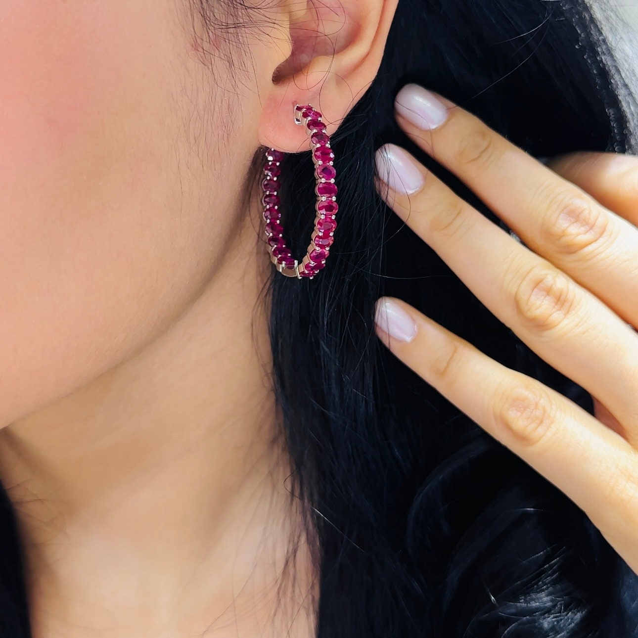 Custom Oval Shaped Medium Size Hoop Earrings with Oval Fancy Shape Rubies. (etsy image id: 5951376568)