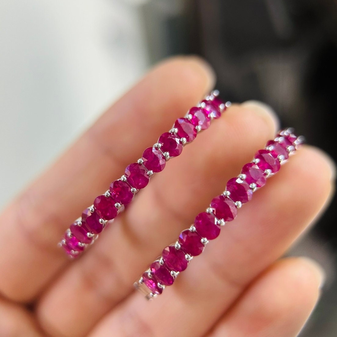 Custom Oval Shaped Medium Size Hoop Earrings with Oval Fancy Shape Rubies. (etsy image id: 5951376576)