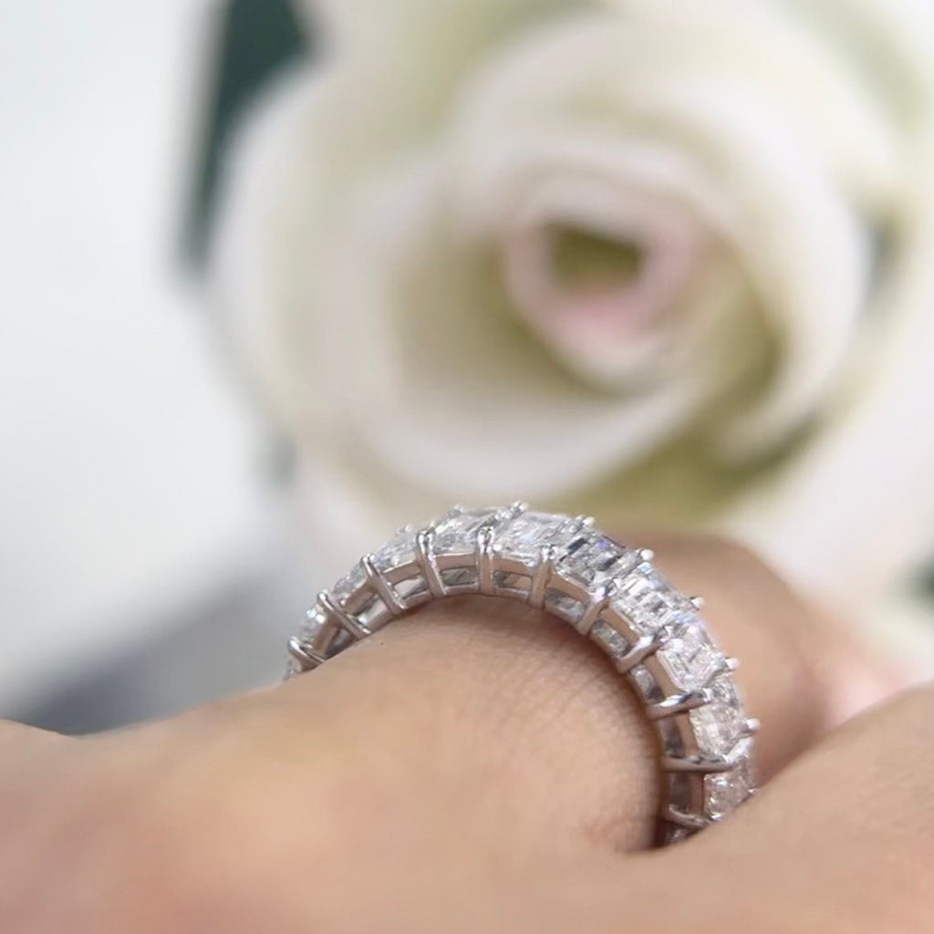 14Kt White Gold eternity band with 6.65ct total in Emerald cut Lab Grown Diamonds. WB588 ISJJ (etsy image id: 5964640111)