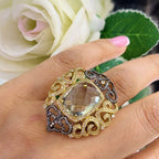 18Kt Yellow Gold Ring with a 10.76ct  cushion cut Green Amethyst & 2.23ct total in rd cut Diamonds CDR002 IGIT (etsy image id: 5964671147)