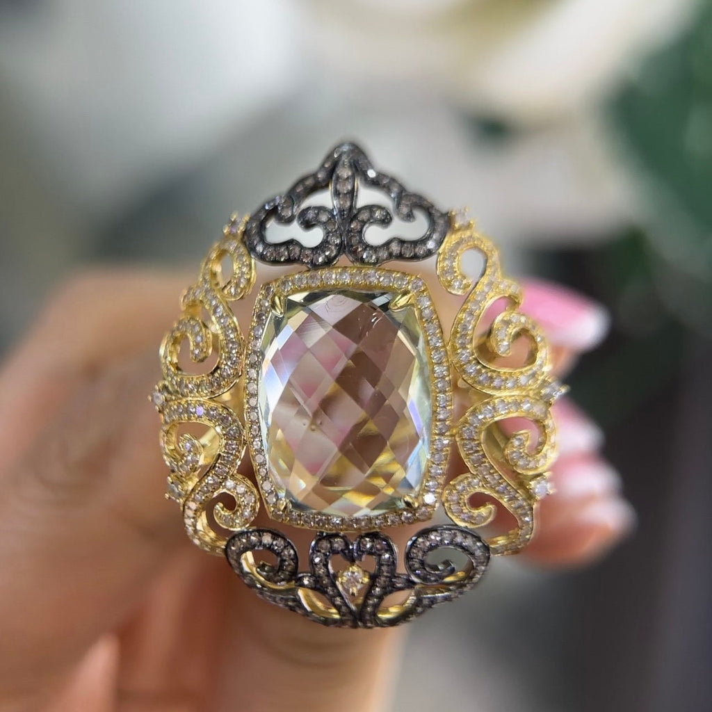 18Kt Yellow Gold Ring with a 10.76ct  cushion cut Green Amethyst & 2.23ct total in rd cut Diamonds CDR002 IGIT (etsy image id: 5964671151)